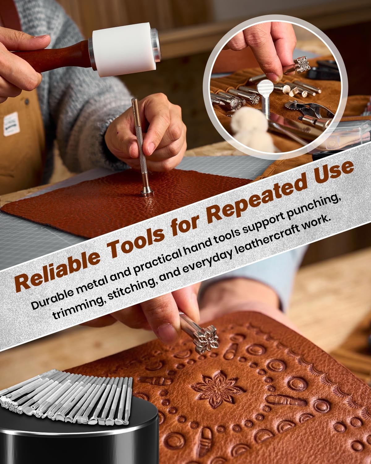 SAKERNEO Leather Working Tools kit Max Version with Custom Handbag Cutting Mats Engraving Punching Sewing Stamping Sanding Tools for Handicraft Work,Repair