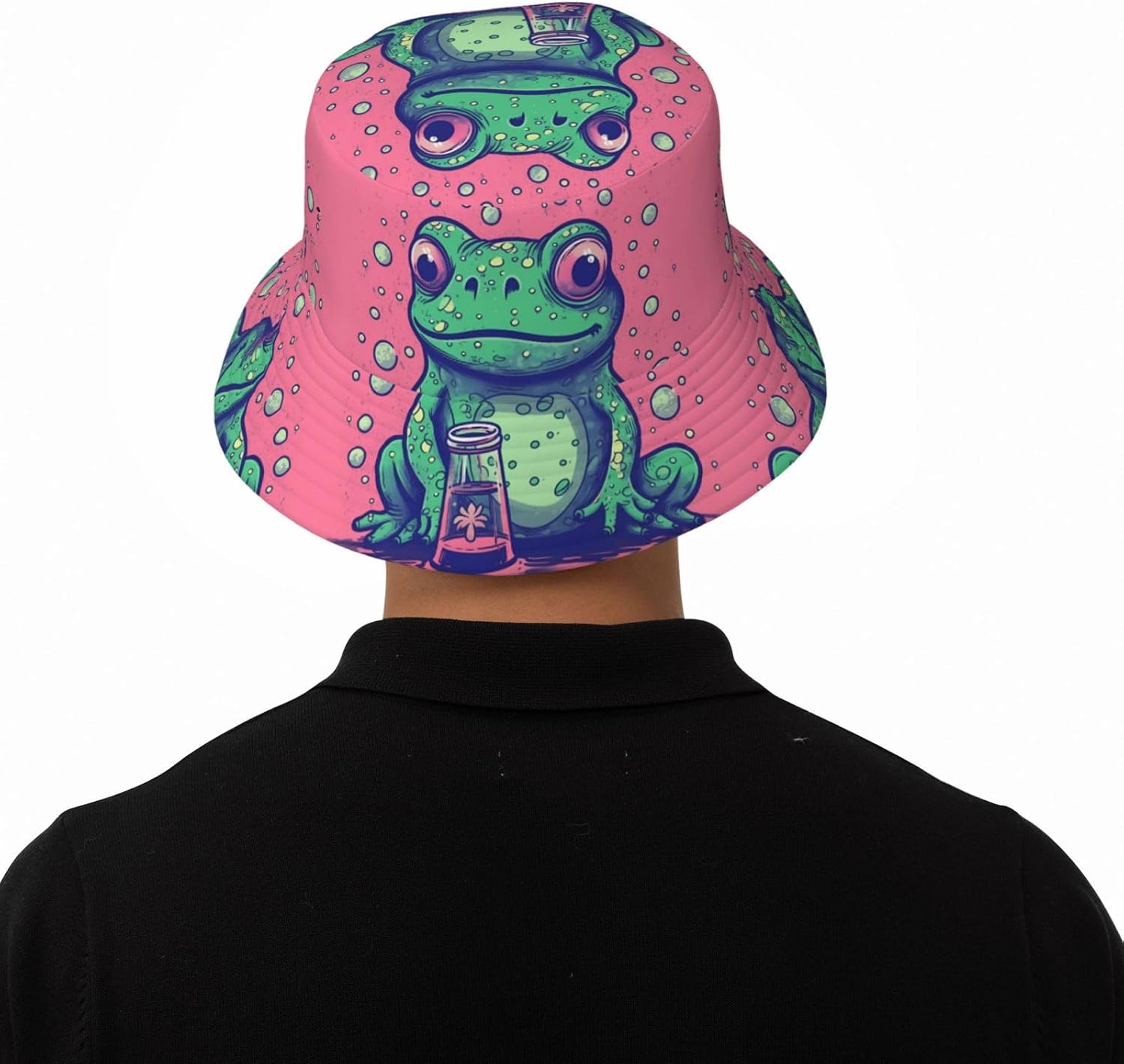 Fashion Bucket Hat for Women Men Packable Cute Sun Hats Frog Staring At Bottle Fisherman Cap Outdoor Travel Beach Caps Black
