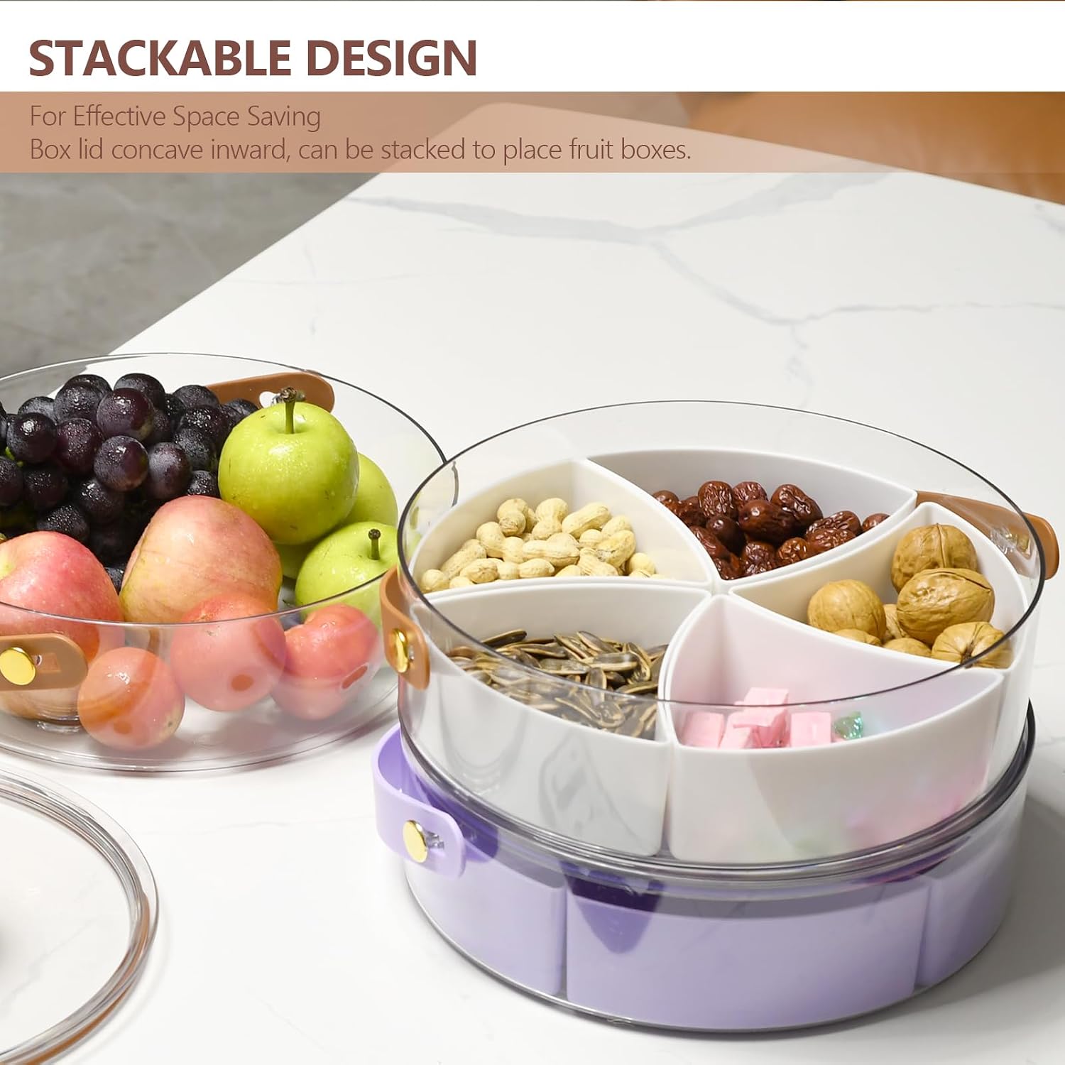 Divided Serving Tray with Lid and Handle, Round Snackle Box Portable Snack Platters for Fruits Snacks Picnic Taco Bar Party-Clear