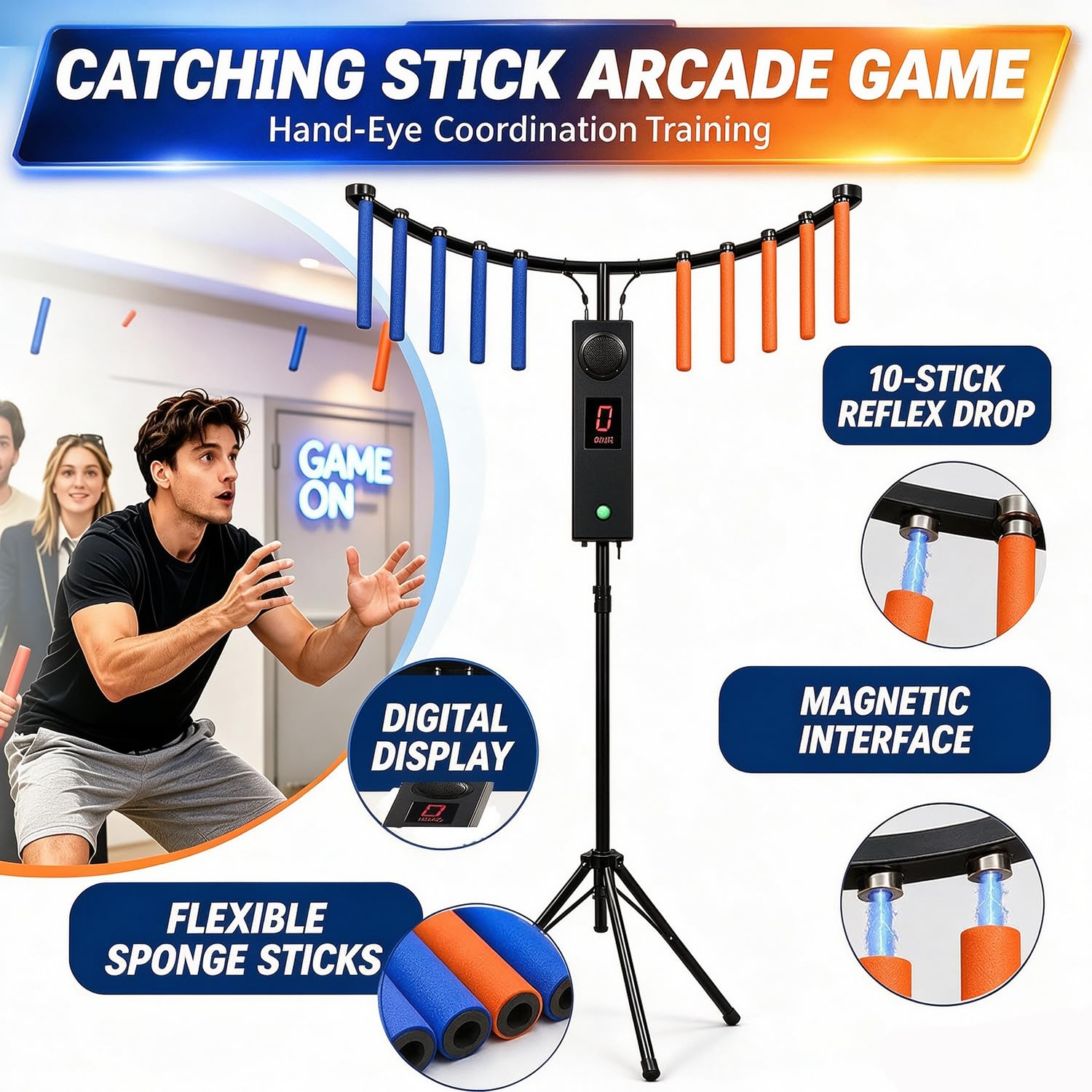 Gra zręcznościowa z chwytaniem patyczków do treningu koordynacji wzrokowo-ruchowej, odblaskowa maszyna do gry Drop Stick Challenge – 10 patyczków, 5 prędkości, 6 poziomów, dźwięk LED Green