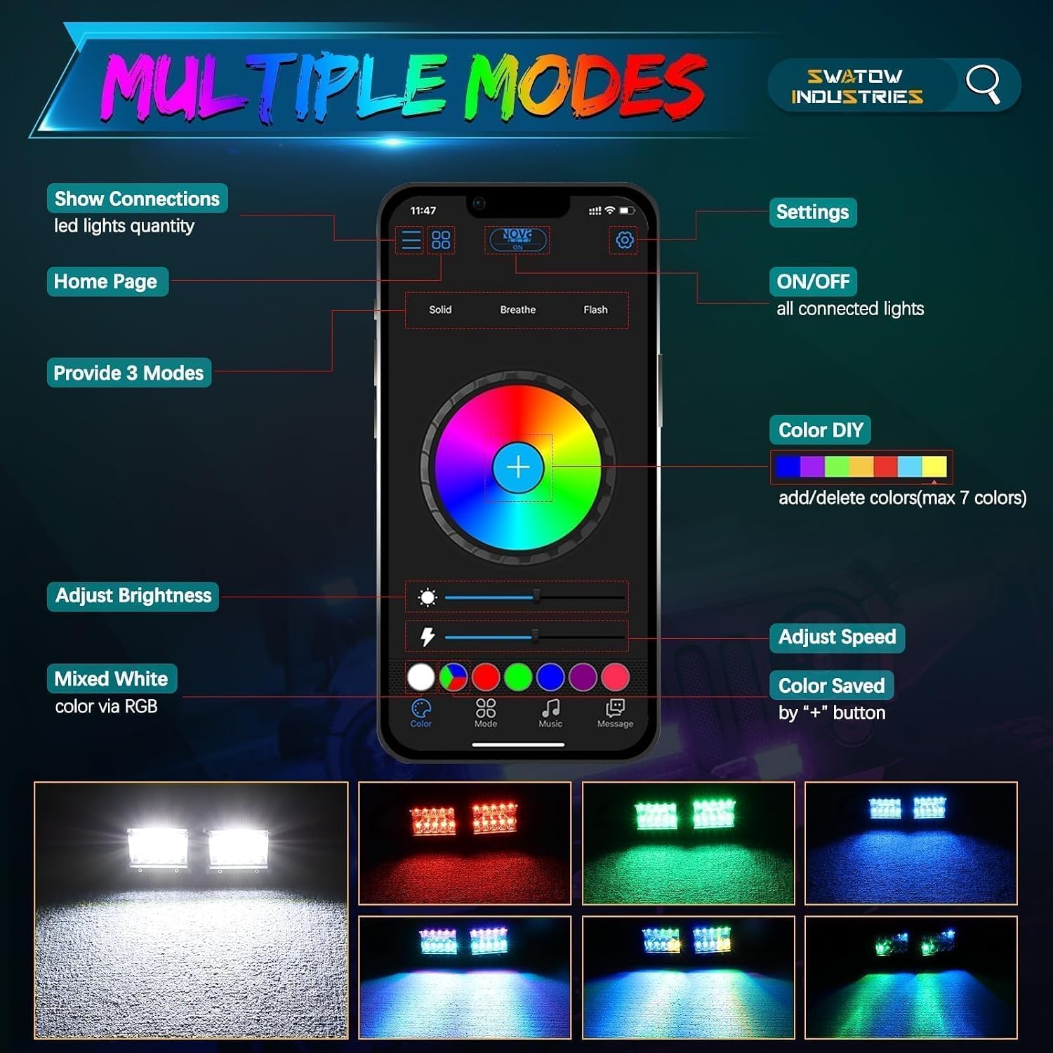 4 Inch RGB Pod Lights, 2PCS 4" RGB LED Light Bar Color Chasing Light Pods Multi-Color Lights for Wrangler Truck Pickup UTV Polaris RZR Ranger Motorcycle Pit Bike Dirt Bike