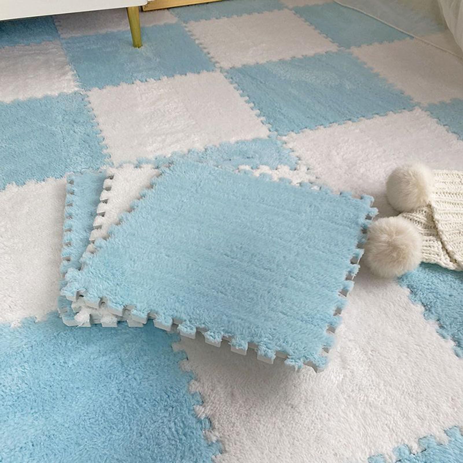 Pluszowe płytki dywanowe z łączonych płytek, maty pianki, dywaniki antypoślizgowe puzzli, kwadratowe podłogowe(Blue+white,16pcs)