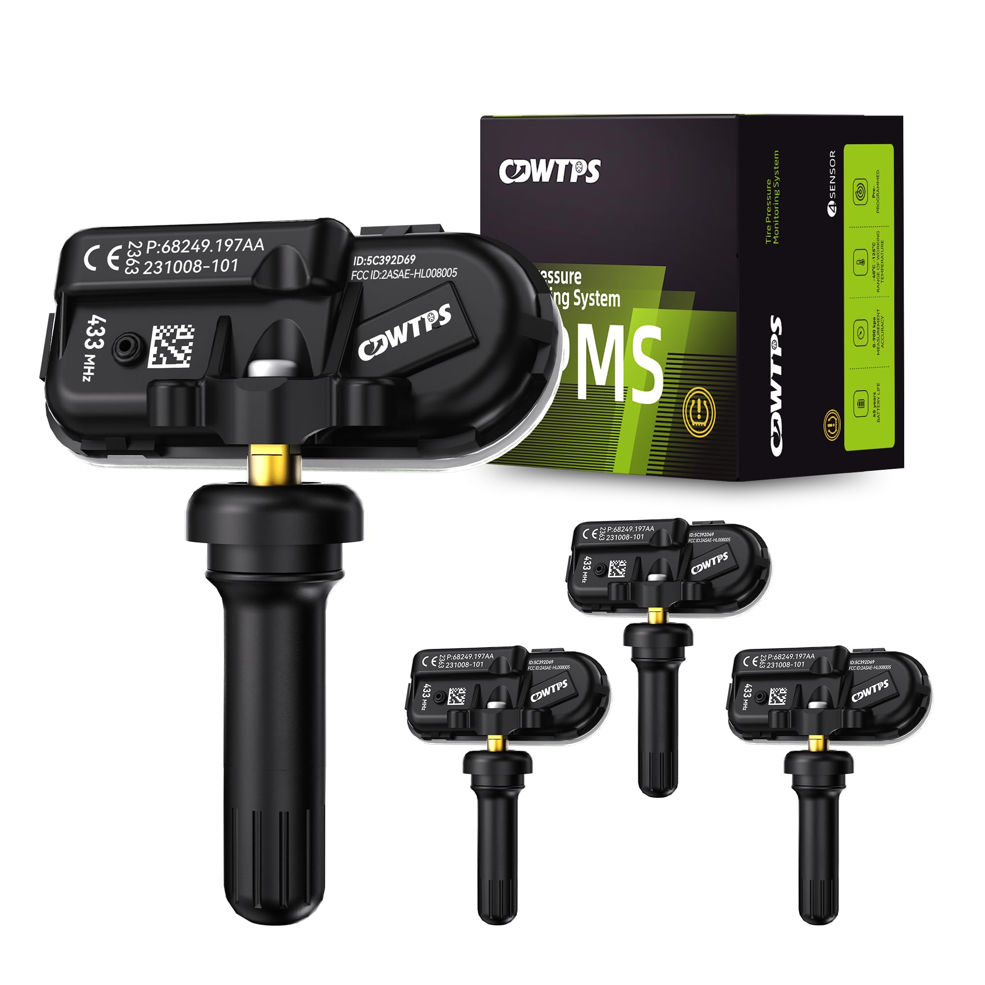 TPMS Sensor Dodge, 4-Pack 434MHz Tire Pressure Monitor Sensors Compatible with Dodge RAM Jeep Cherokee Replace#68249197AA.68239720AA.68157568AA.68239720AB.68239720AC.68324960AA.68239729AA