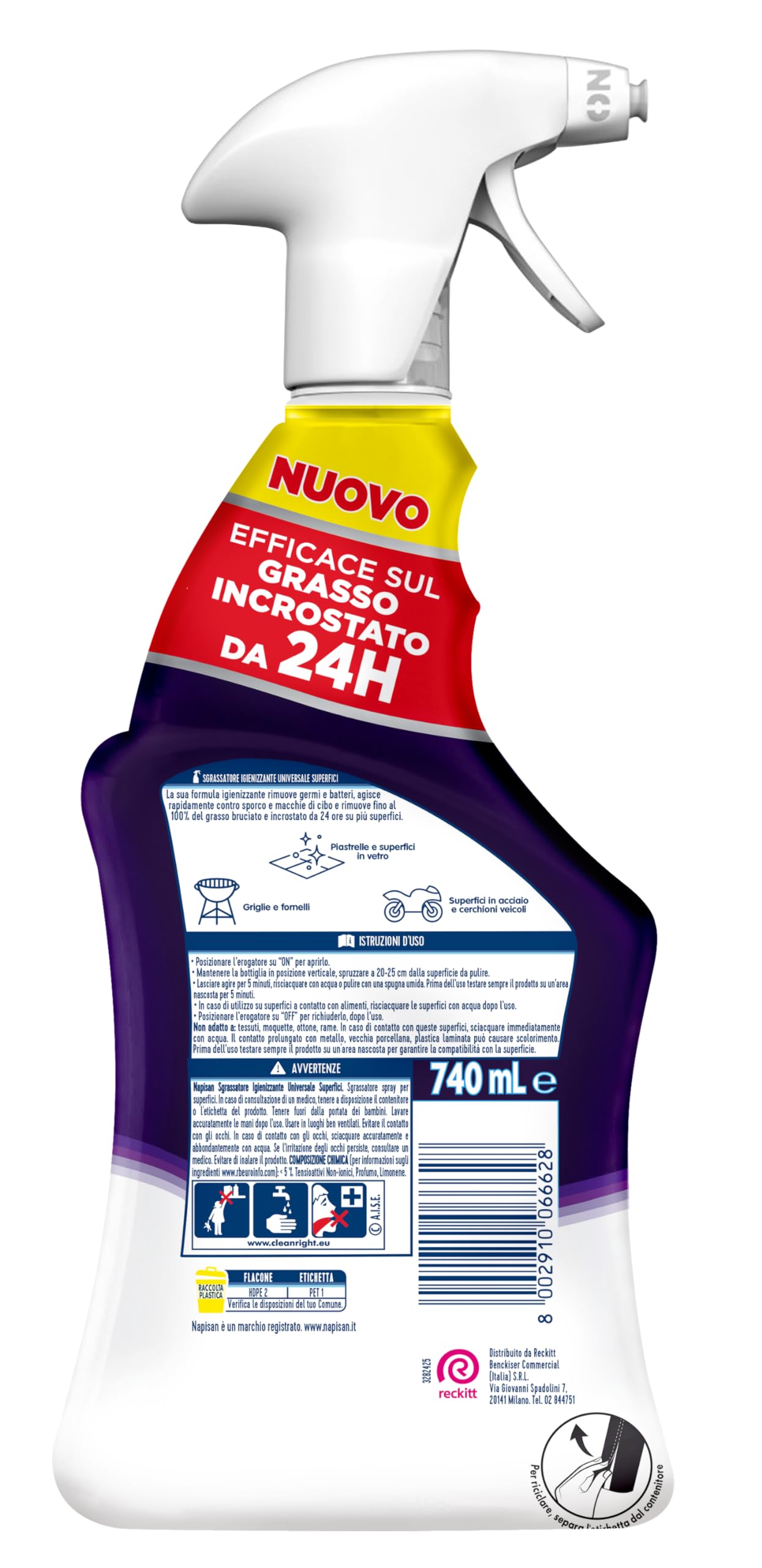 Napisan Sgrassatore Igienizzante Universale Superfici, Confezione da 12 pz da 740 ml di Sgrassatore Igienizzante, Spray da 740 ml