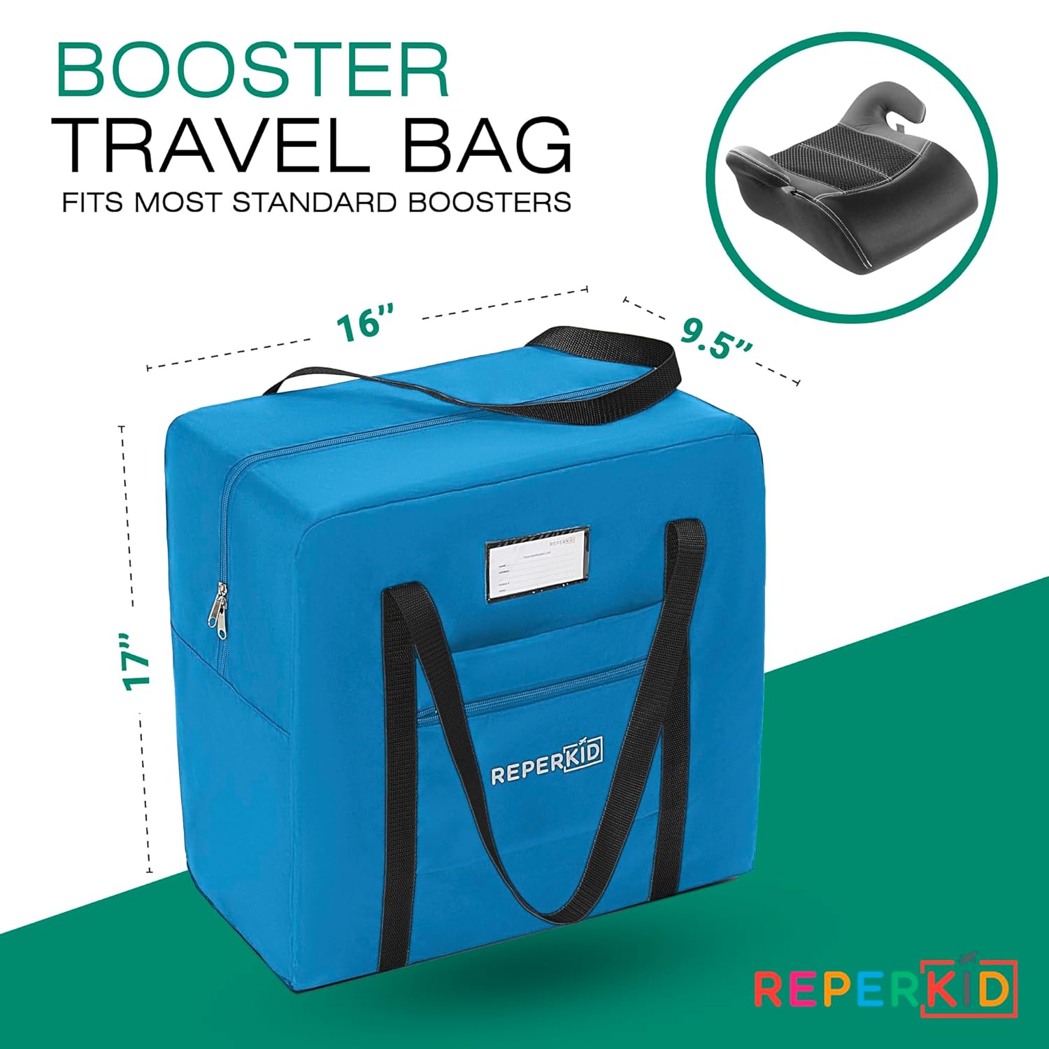 Reperkid Booster Seat Travel Bag for Airplane, Blue, 17" H x 16.5" W x 9.5" D, Compatible with Gb Pockit Stroller and Most Boosters– Premium Waterproof Cover, Hand Bag Design, Durable Zipper