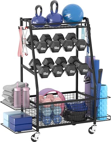 Staransun Staransun Dumbbell Rack Stand - Weight Rack for Dumbbells - Home Gym Storage Rack with 4 Flexible Wheels - Weight Rack for Home Gym with Side Storage and Hooks