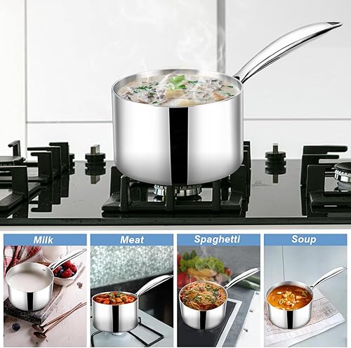 Miniatura 6 de TeamFar Cacerola de 2 cuartos con tapa, sartén de acero inoxidable de tres capas para leche, olla pequeña con mango ergonómico, para inducción, gas,