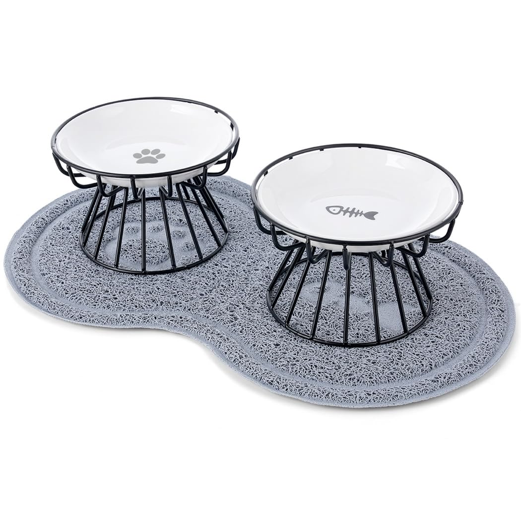 2 Packs Elevated Cat Bowls with Non-Slip Mat, Anti-Vomiting Raised Cat Food Plates with Metal Stand, Protect Cat’s Spine, Dishwasher Safe Ceramic Cat Dishes, Pet Food Feeding Station