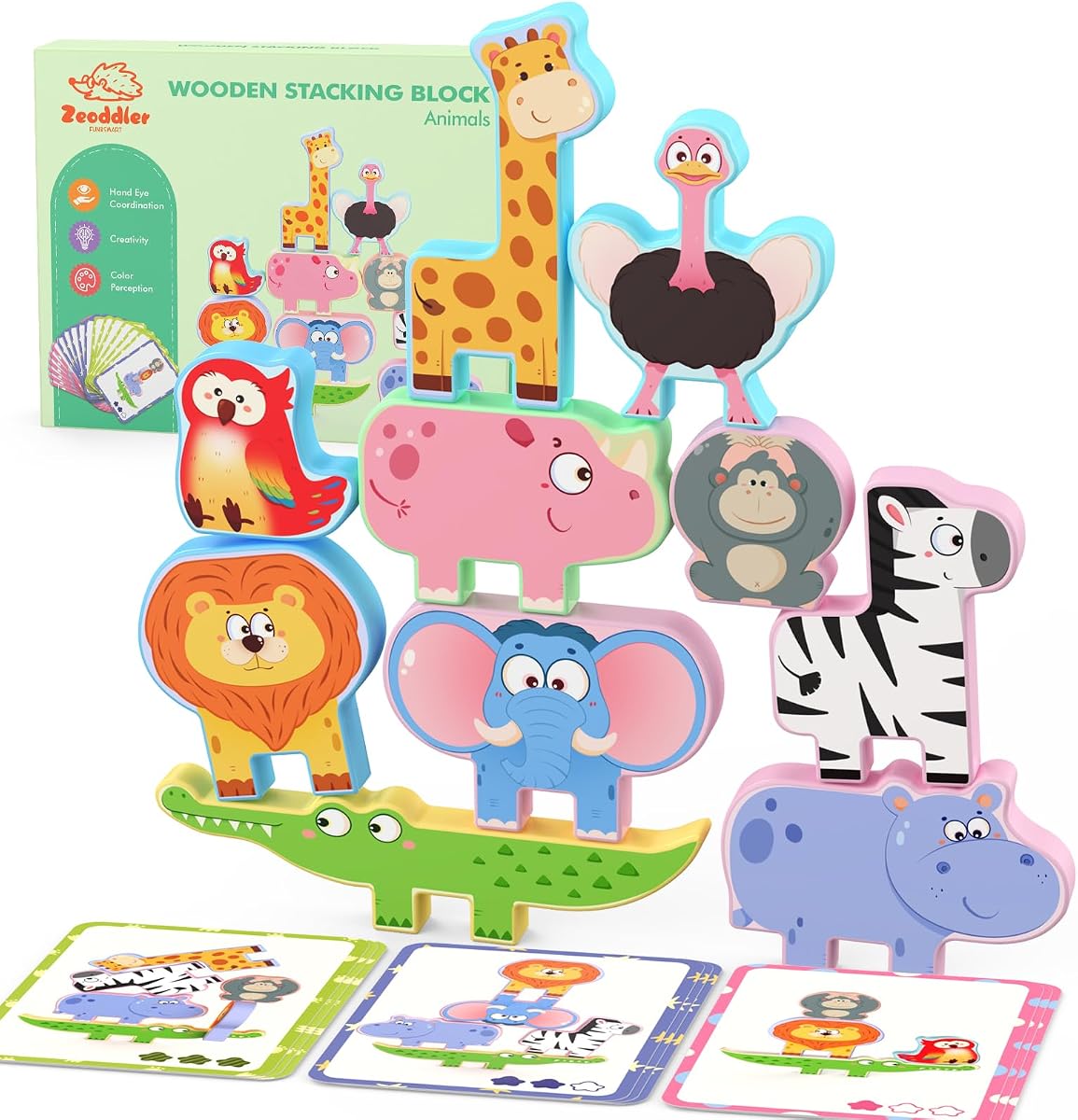 Zeoddler Montessori Toys for Toddlers, 10 Pack Wooden Animal Stacking Blocks, Sorting & Stacking Preschool Learning Activities, Gift for Boys, Girls