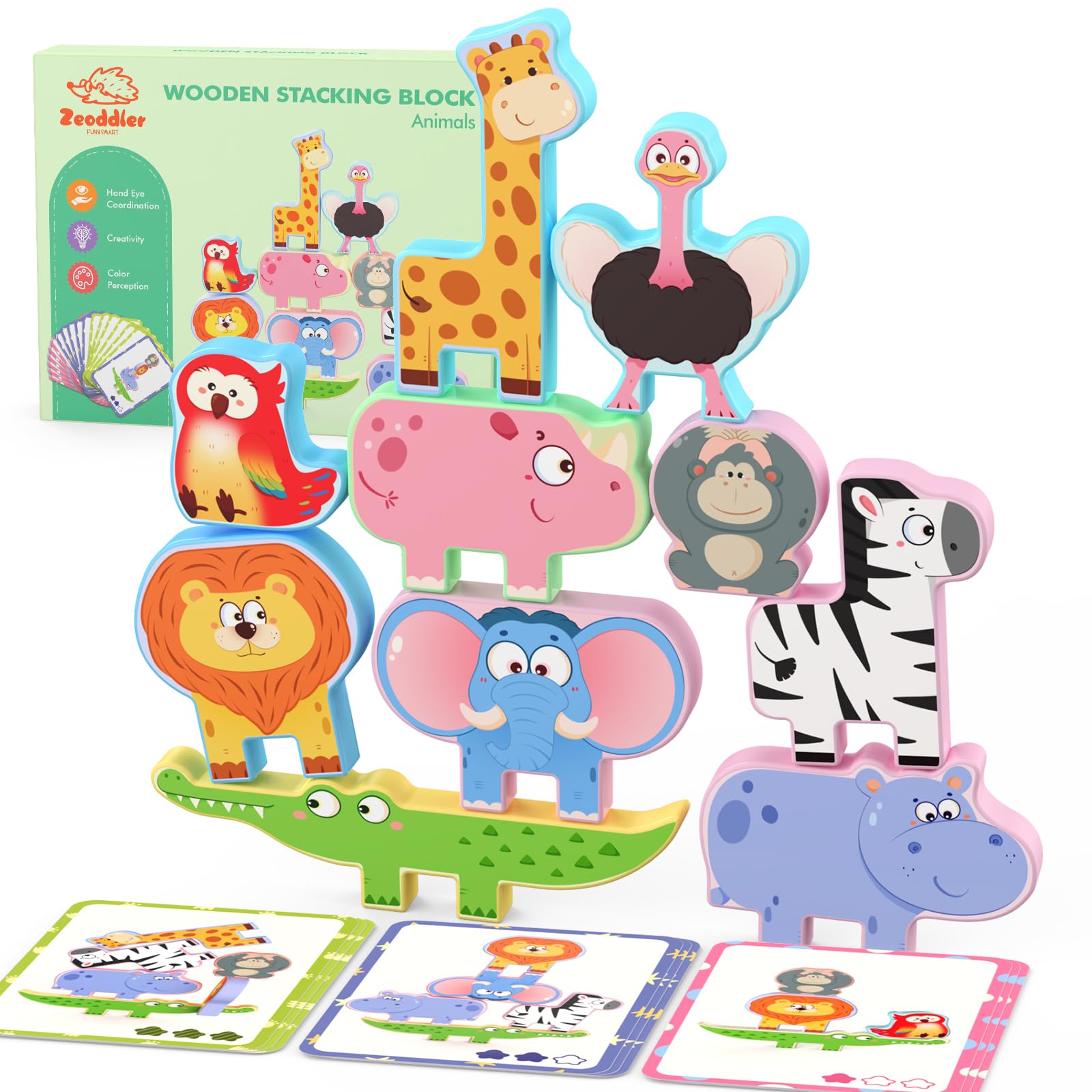 Montessori Toys for Toddlers, 10 Pack Wooden Animal Stacking Blocks, Sorting & Stacking Preschool Learning Activities, Gift for Boys, Girls