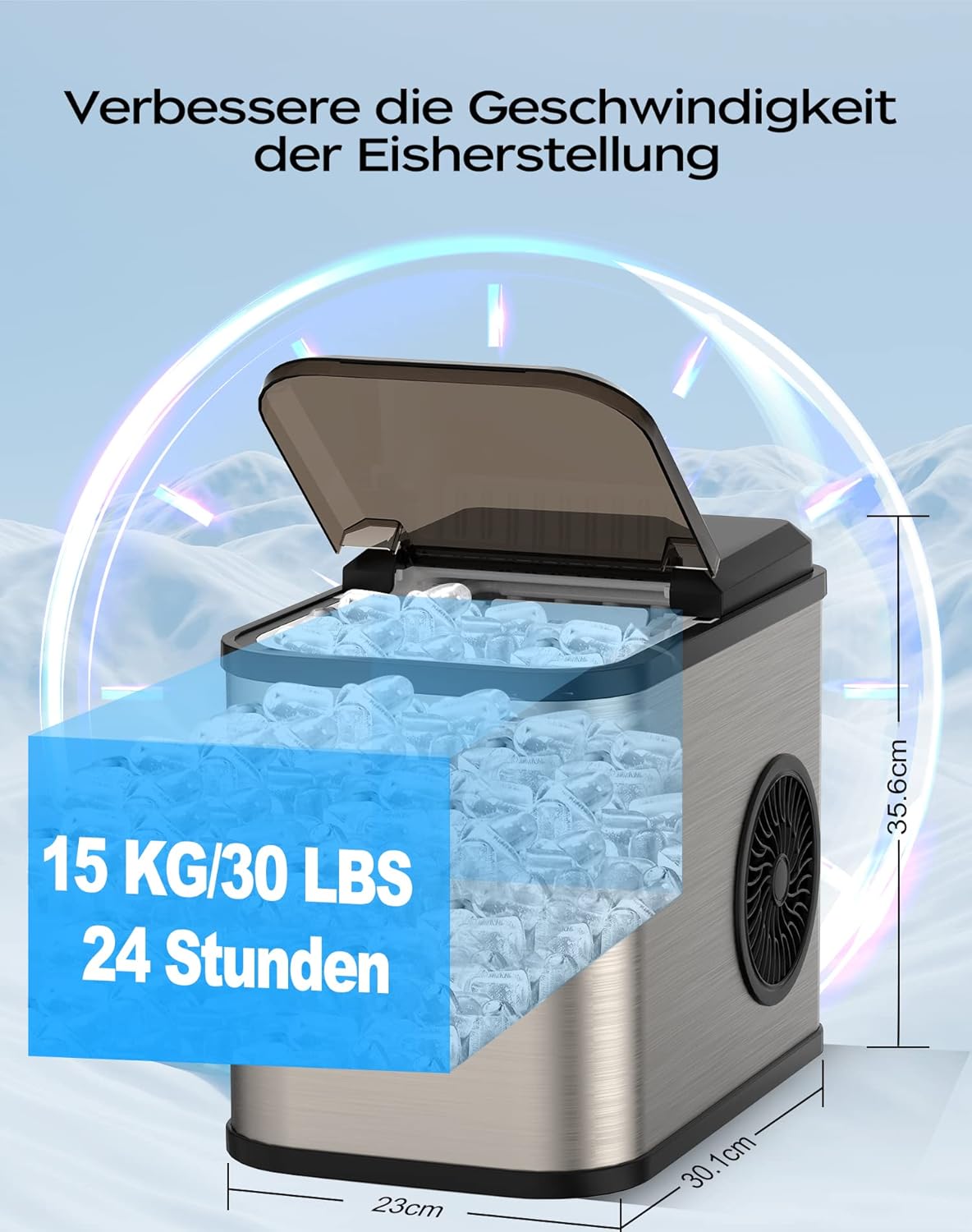 Diagram showing the dimensions of the KeeGone Ice Maker