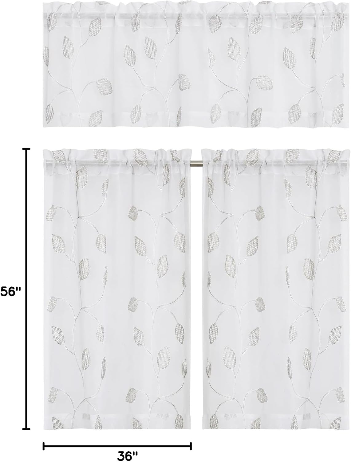 Regal Home Collections Embroidered Kitchen Tiers & Window Valance Curtains - 54"x36" Light Filtering Rod Pocket Cafe Tier, Curtain Valances for Windows, Florence White/Linen