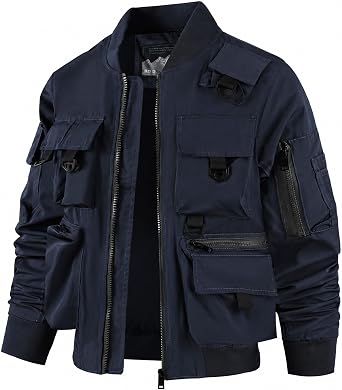 Mens Bomber Jacket Lightweight Multi Pocket Techwear Windbreaker
