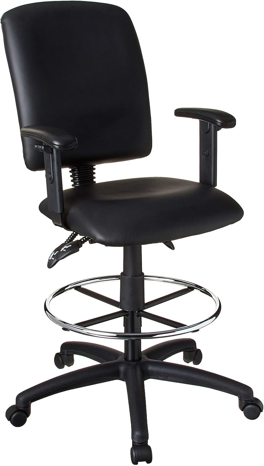Scranton & Co Multi Function Leather Drafting Stool, Adjustable Arms, Black Upholstery, 20" Chrome Footring, Nylon Base, Pneumatic Height Adjustment, Office Chair with Casters