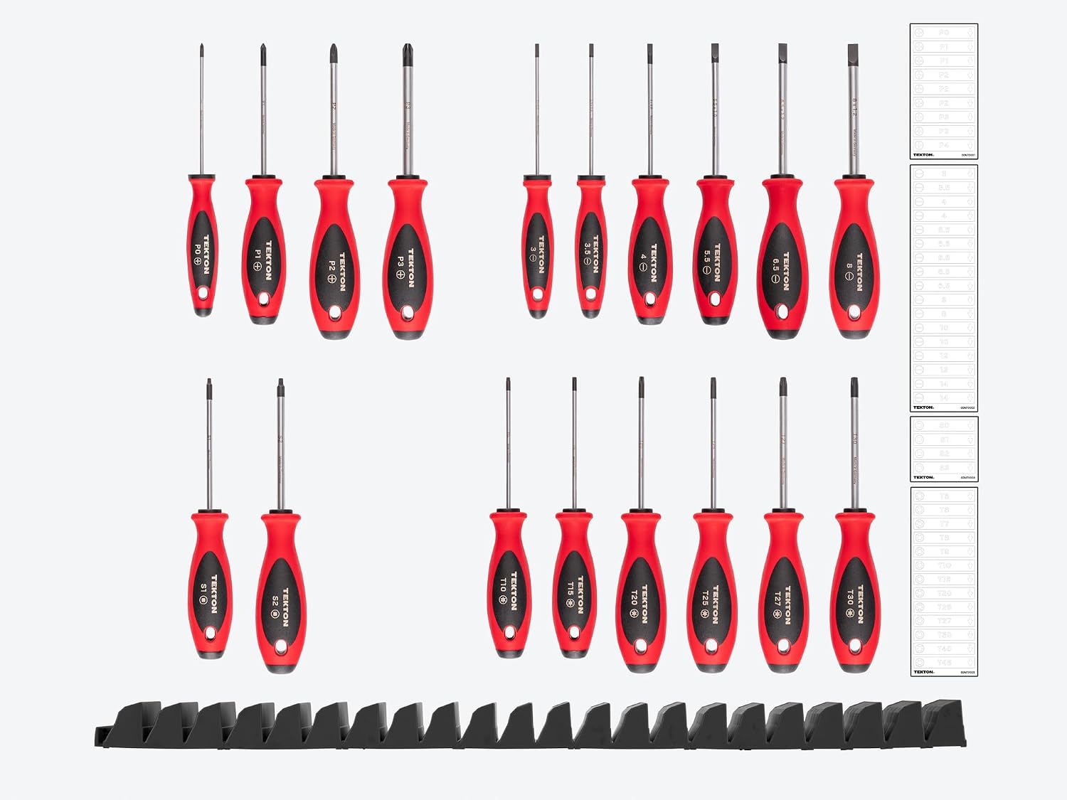 TEKTON Phillips, Slotted, Torx, Square Screwdriver Set with Modular Organizers - 4 Inch Shanks, 18-Piece (#0-#3, 3-8 mm, T10-T30, #1-#2) | DWZ90101