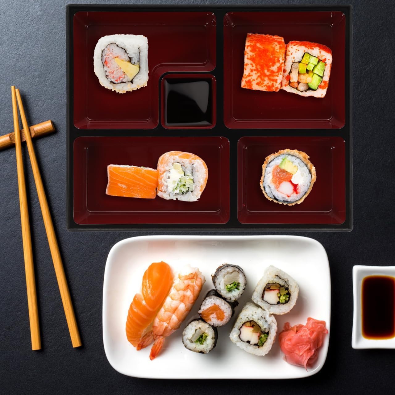 Cabilock Japanese Bento Box Medium Size with 5 Compartments Plastic Meal Prep Container and Grain Texture Lid for Office Travel School Lunch