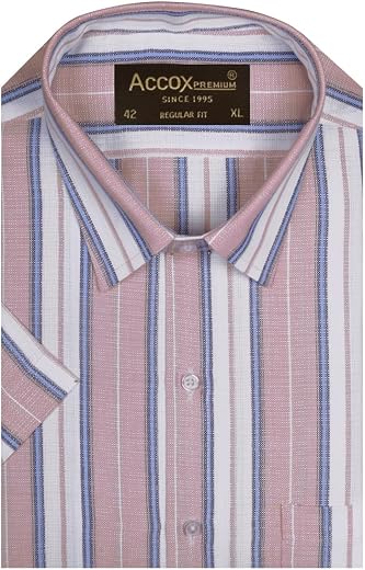 ACCOX Men's Breathable Cotton Linen Half Sleeves Striped Checkered Regular Fit Shirt (GCR563)