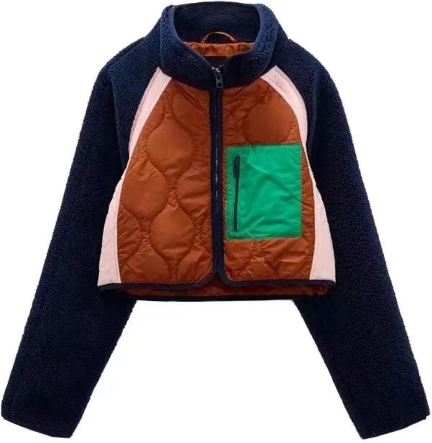 Womens Fuzzy Fleece Jacket Cropped Zip Up Long Sleeve Casual Outwear Warm Winter Patchwork Jackets - Image 7