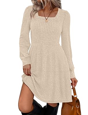 SAMPEEL Womens Square Neck Long Sleeve Fall Dresses Casual Babydoll Sweater Dress