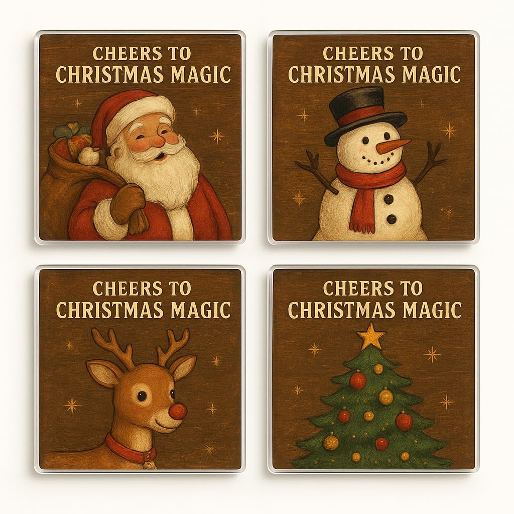 The Plum Penguin Christmas Whimsy Acrylic Christmas Coaster Gift Set Of 4 With Classic Xmas Characters - Nostalgic Holiday Home Decor For Festive Gatherings
