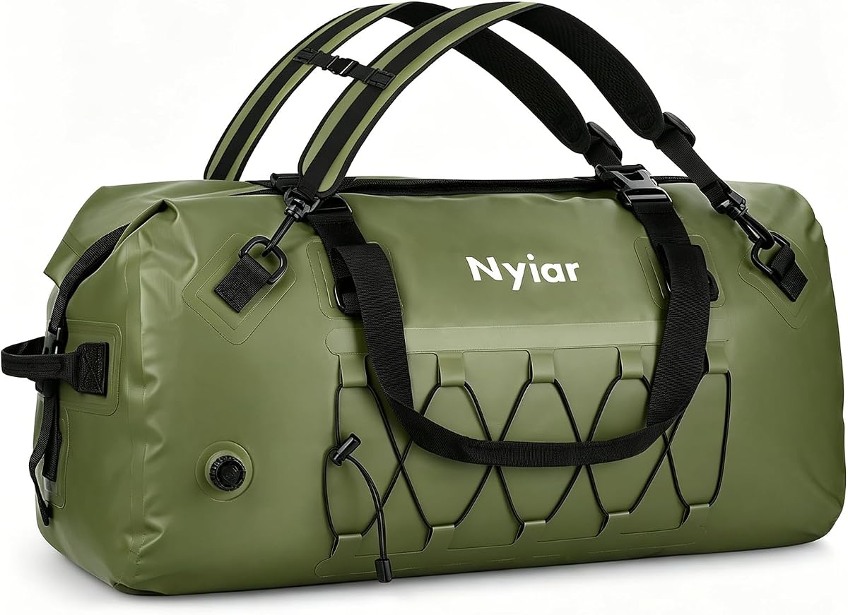 Bolsa de lona impermeable de 60 litros, mochila seca para motocicleta, bolsa impermeable con tapa enrollable resistente con costuras selladas y cremallera impermeable para montar, kayak, acampar y viajar (verde)