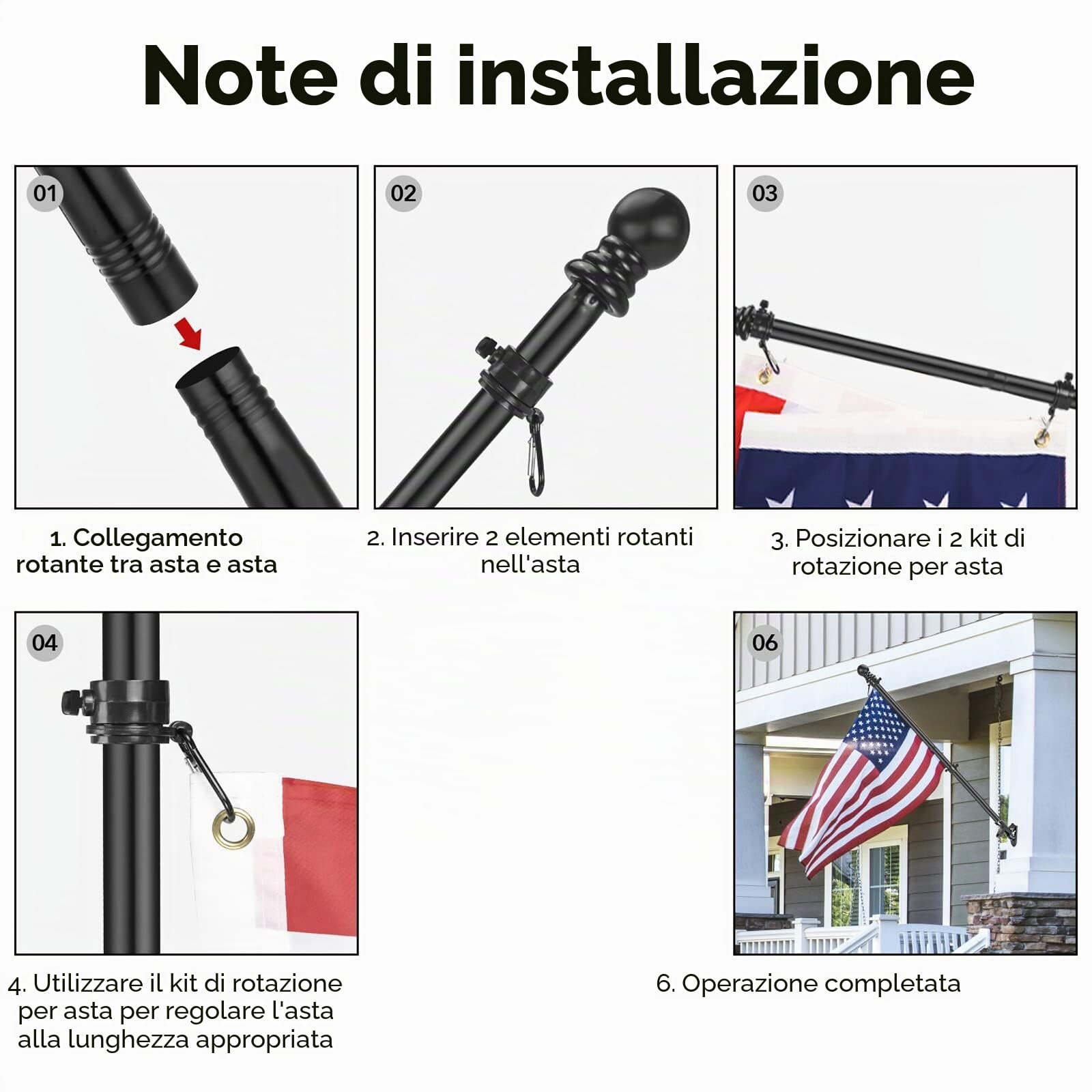 SOONHUA Asta per bandiera da giardino, 5 sezioni, in acciaio inox, resistente, anti-groviglio, lunghezza regolabile e antiruggine, per esterni, casa, giardino, cortile, tetto, pareti, 1,8 m
