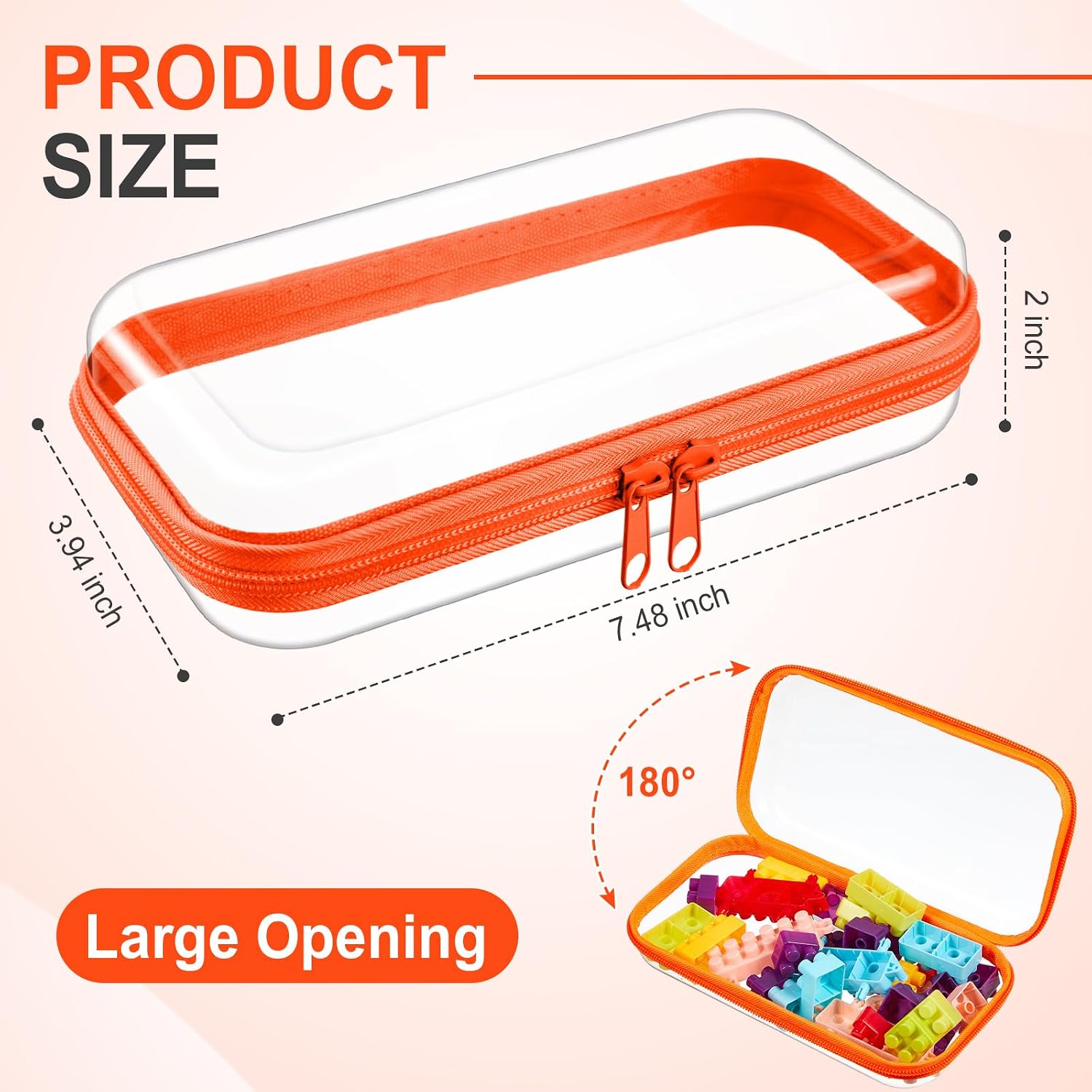 Hoolerry 4 Pcs Hard Clear Zipper Case Makeup Bags Plastic Zipper Pouch Transparent Storage Box Containers for Cosmetics, Snacks, Building Blocks, Puzzles(Clear,7.5 x 3.9 x 2 in,Fluorescent)
