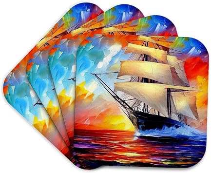 3dRose Tall Ship Digital Art. Tea Clipper Ship at Color Sunset. Trade Wind Set of 4 Coasters - Cork