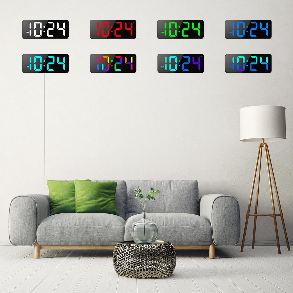 Horloge murale numérique LED avec affichage RVB dynamique, gros chiffres, luminosité automatique, format 12/24 heures, petite horloge murale électrique moderne silencieuse pour salon, chambre, salle