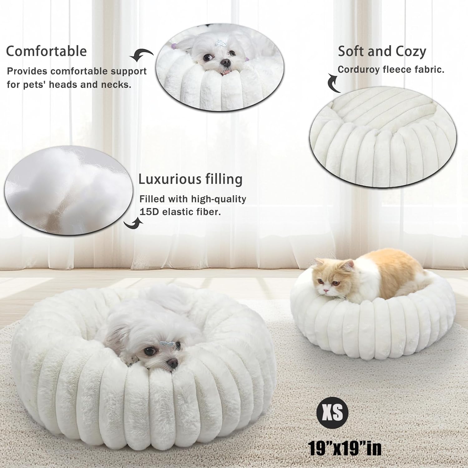 Small Cat Beds for Indoor Cats - Washable Round Kitten Bed, Cute Pumpkin Shape, Comfy Sleeping for Puppy, Small Dogs, Kitty - 19 Inch, Cream