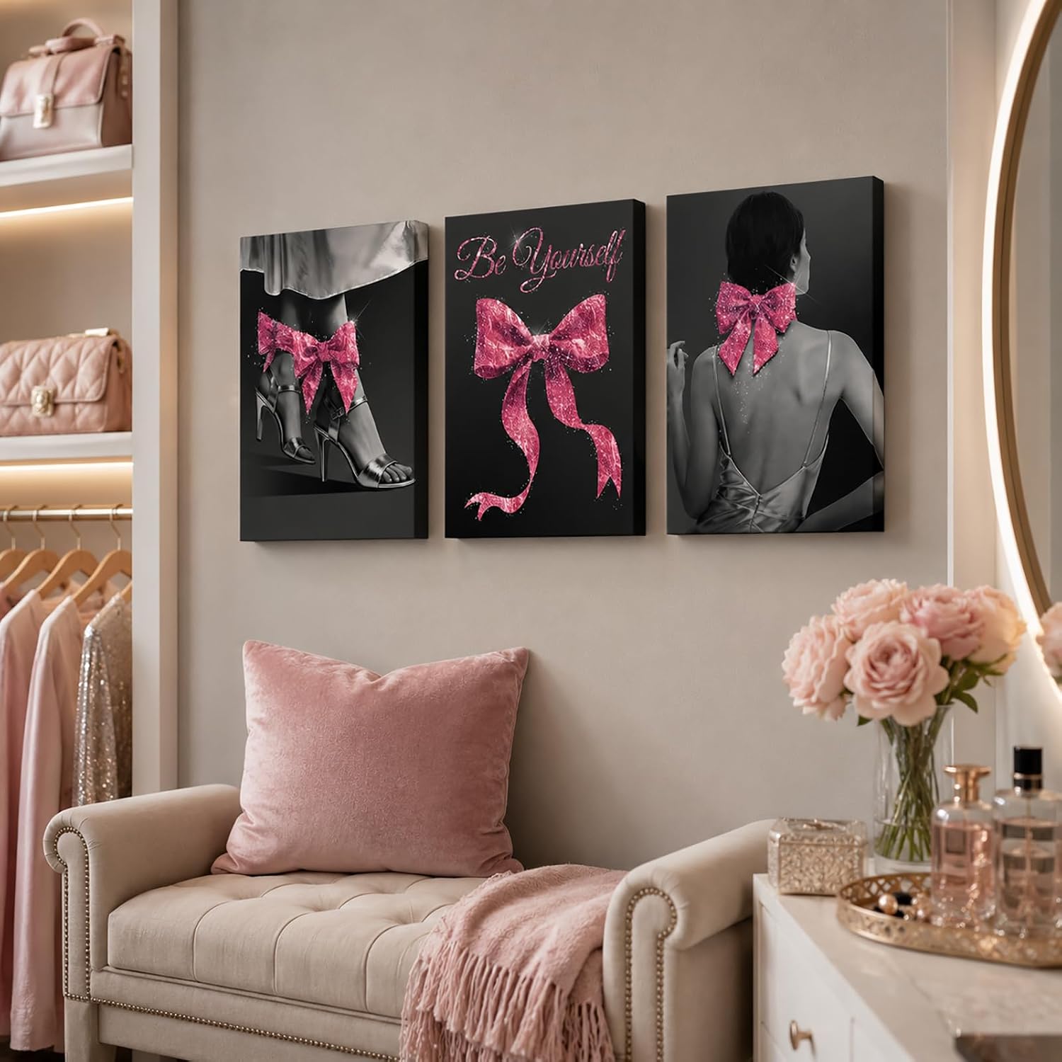 OuElegent Black White Pink Wall Art Pink Glitter Bow Pictures Wall Decor, 3 Panel Modern Fashion Glam Print Set, Be Yourself Theme Decor (pink)