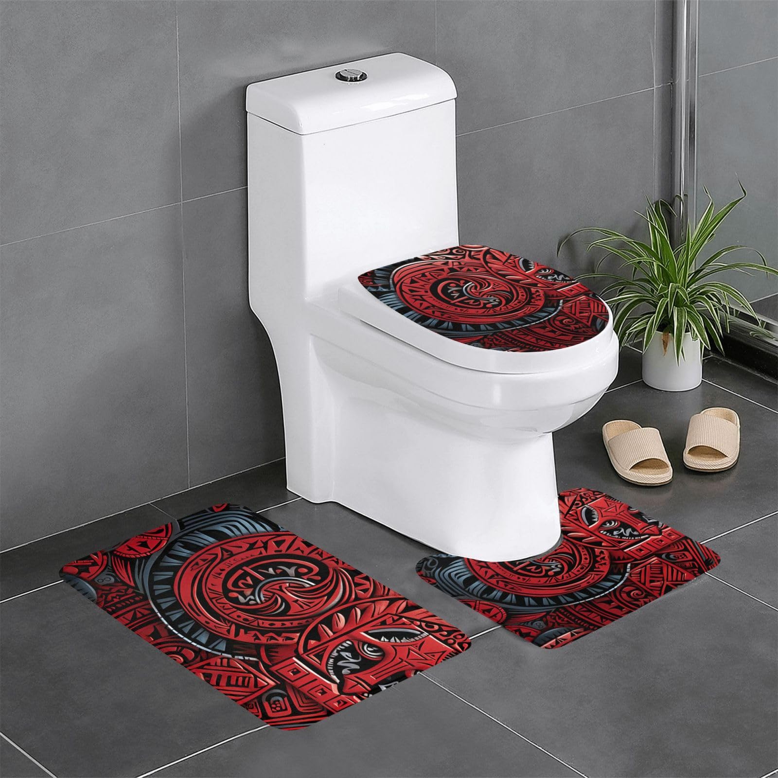 Tapis de bain antidérapants à haute absorption : lot de 3 tapis tribal rouge pour douche et WC
