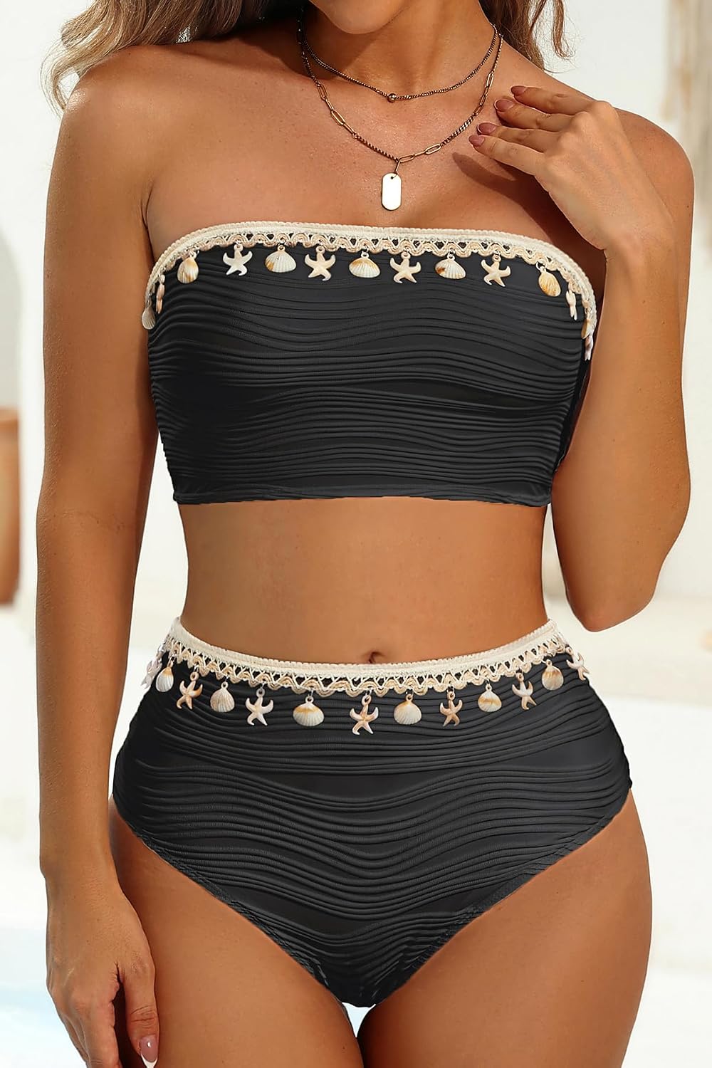 High Waisted Bandeau Bikini Set - Women Strapless Two Piece Swimsuits Ribbed Longline Full Coverage Bathing Suits Swimwear