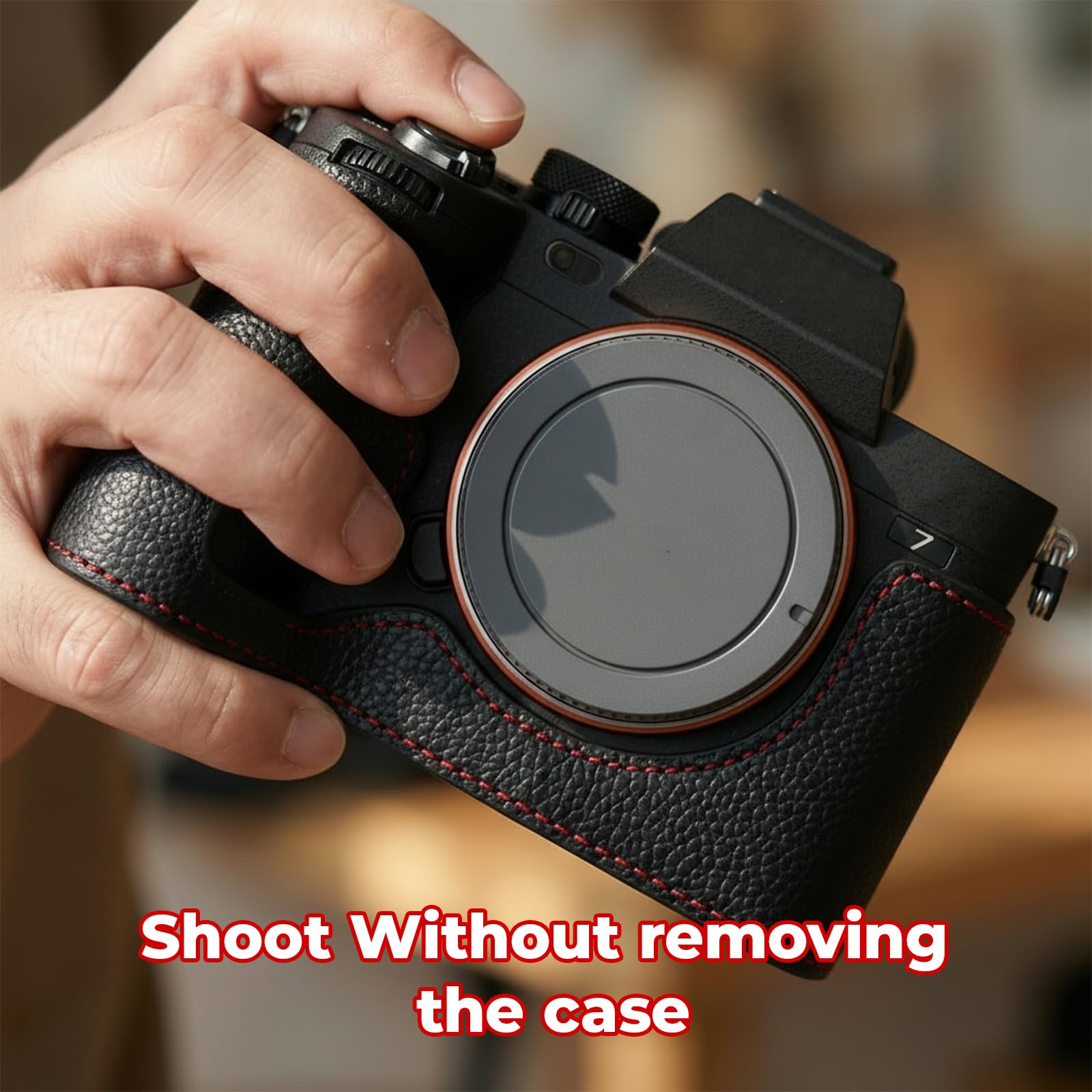 Półetui na aparat kompatybilne z Sony Alpha7Rv/A7R5/A7M4/ILCE-7M4/ILCE-7RM5, ochronny rdzeń aluminiowy, odporny na wstrząsy, ręcznie wykonany, wysokiej jakości skóra pełny dostęp, Czarny