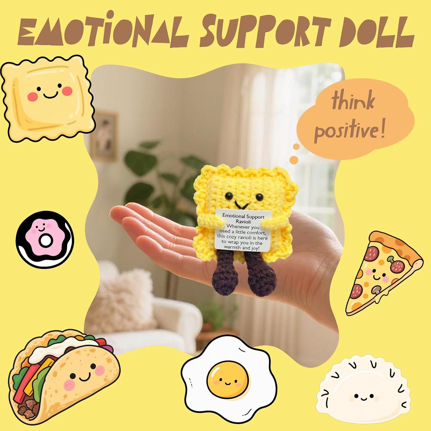 Positive Crochet Ravioli with Legs Cute Emotional Support Nuggets with Motivational Card Cheer Up Gift for Friend Teacher Coworker AUTU-081931-Ravioli with Legs
