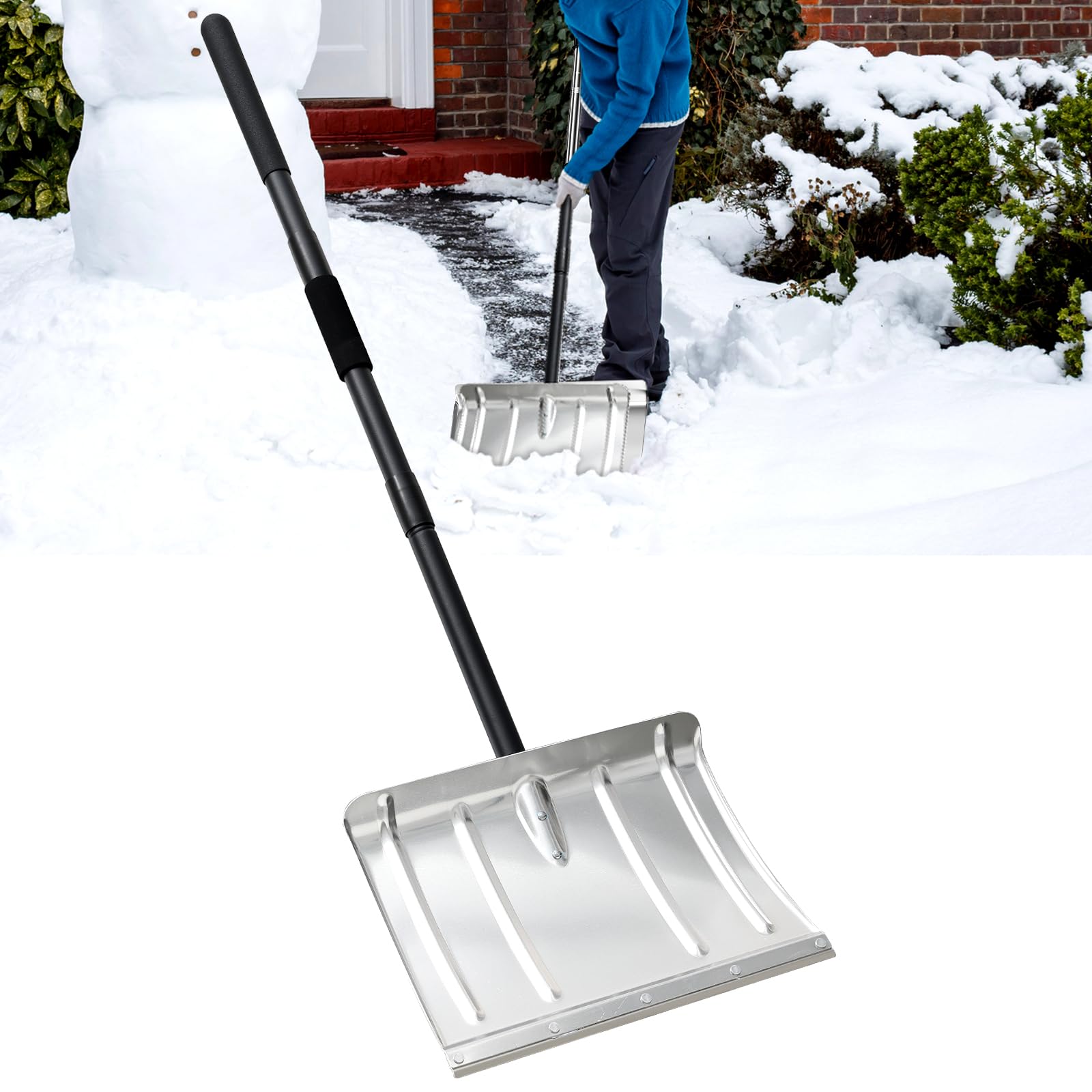 Snow Shovel, Aluminum Portable Snow Pusher Shovel Heavy Duty Metal Snow Shovel for Driveway Car Home Garage