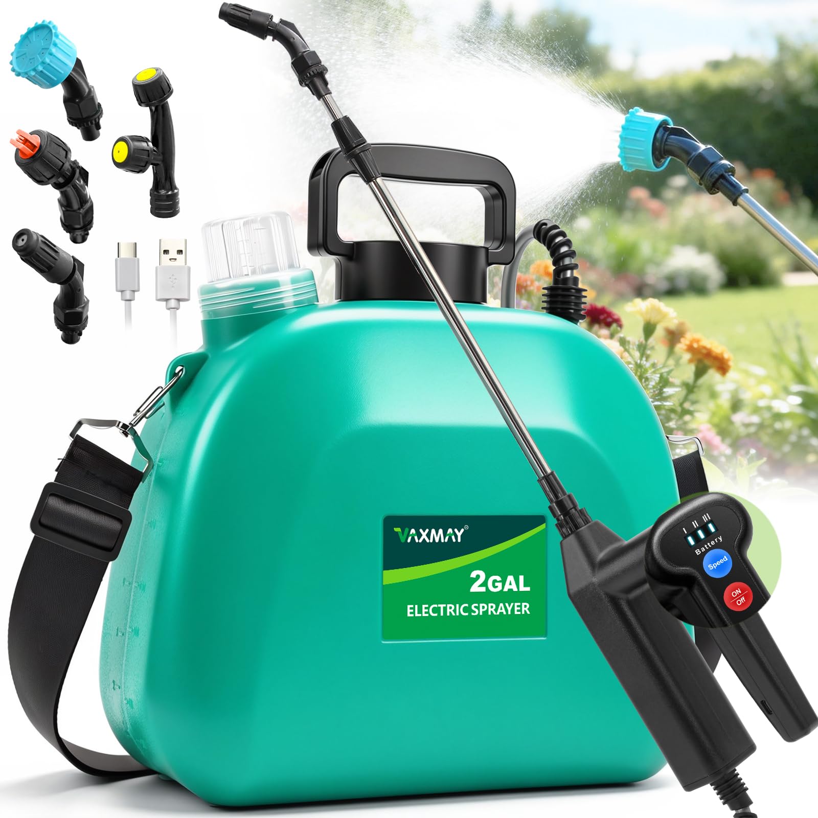 Photo 1 of VAXMAY Battery Powered Sprayer 2 Gallon, Upgrade Electric Garden Sprayer with 3 Adjustable Speed, Battery Indicator, 4 Mist Nozzles, Rechargeable Handle, Retractable Wand, Shoulder Strap for Weed Lawn