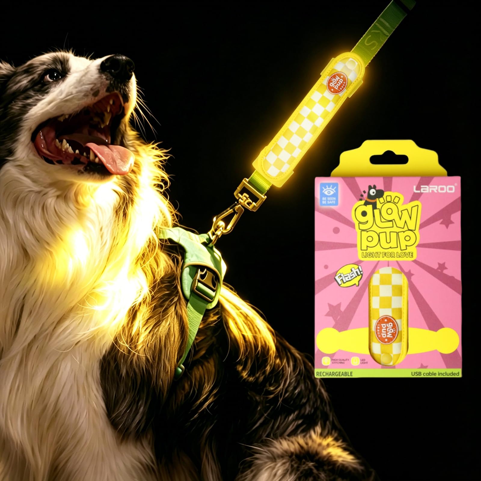 LaRoo Dog Light LED Light Strip for Dogs - USB-C Rechargeable, Dog Light with Fastening, Easy to Attach to Collar Lead and Harness, Night Walks Luminous (Yellow Checked)