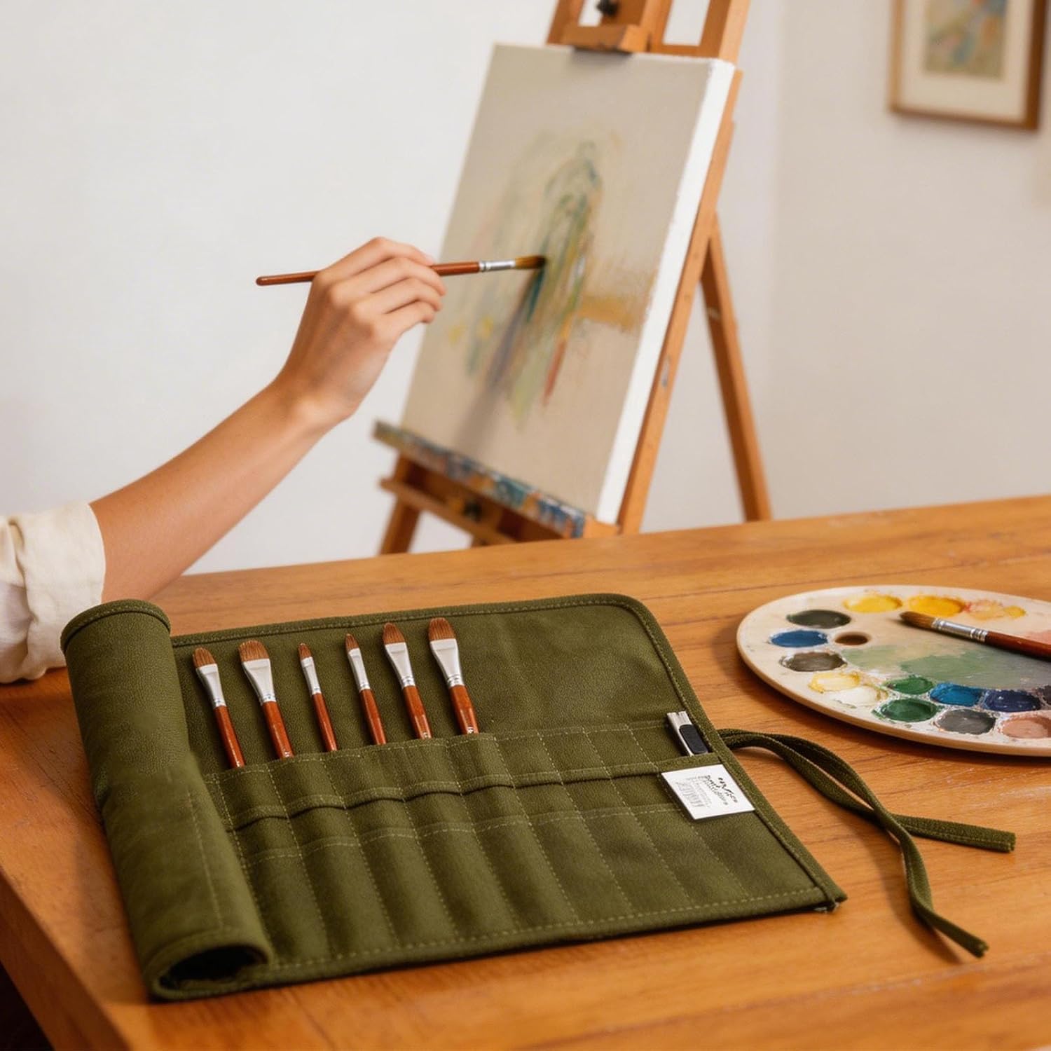 Green Canvas Paint Brush Holder Roll-up Case Bag, 30 Slots Pockets Carry Pouch Artist Brush Storage Organizer, 19.1" L x 12.99" W