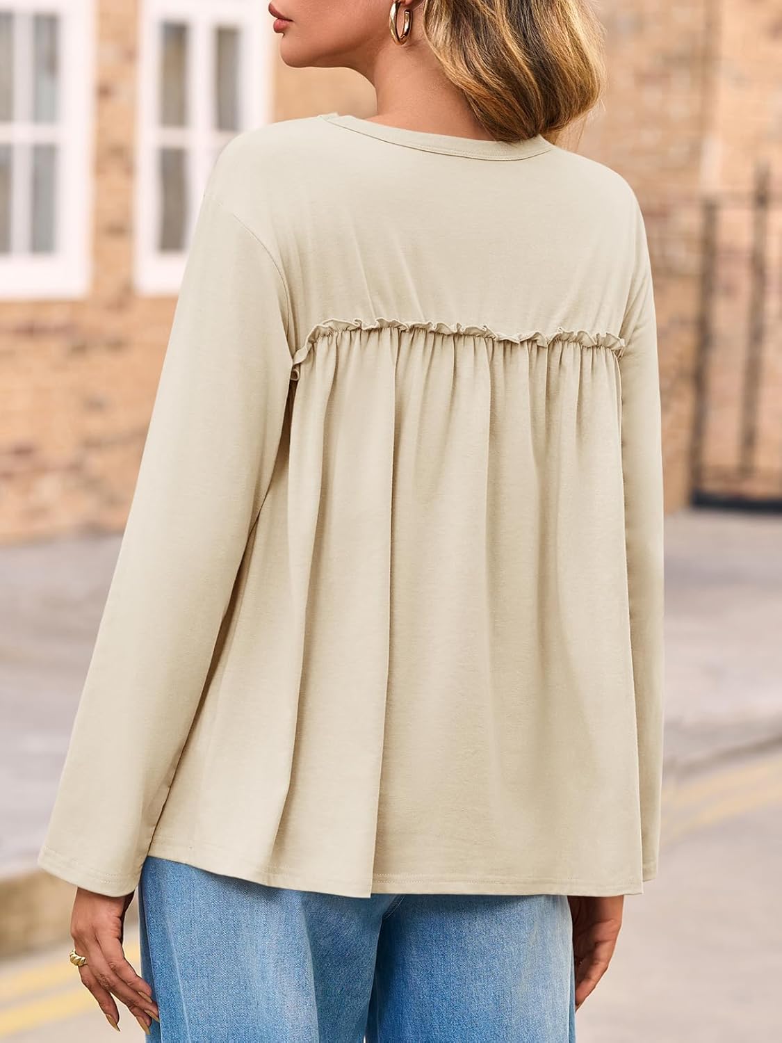 Cicy Bell Womens Babydoll Tunic Tops Pleated Long Sleeve Crew Neck Peplum Shirts Casual Loose Fit Flowy Blouse - Image 2