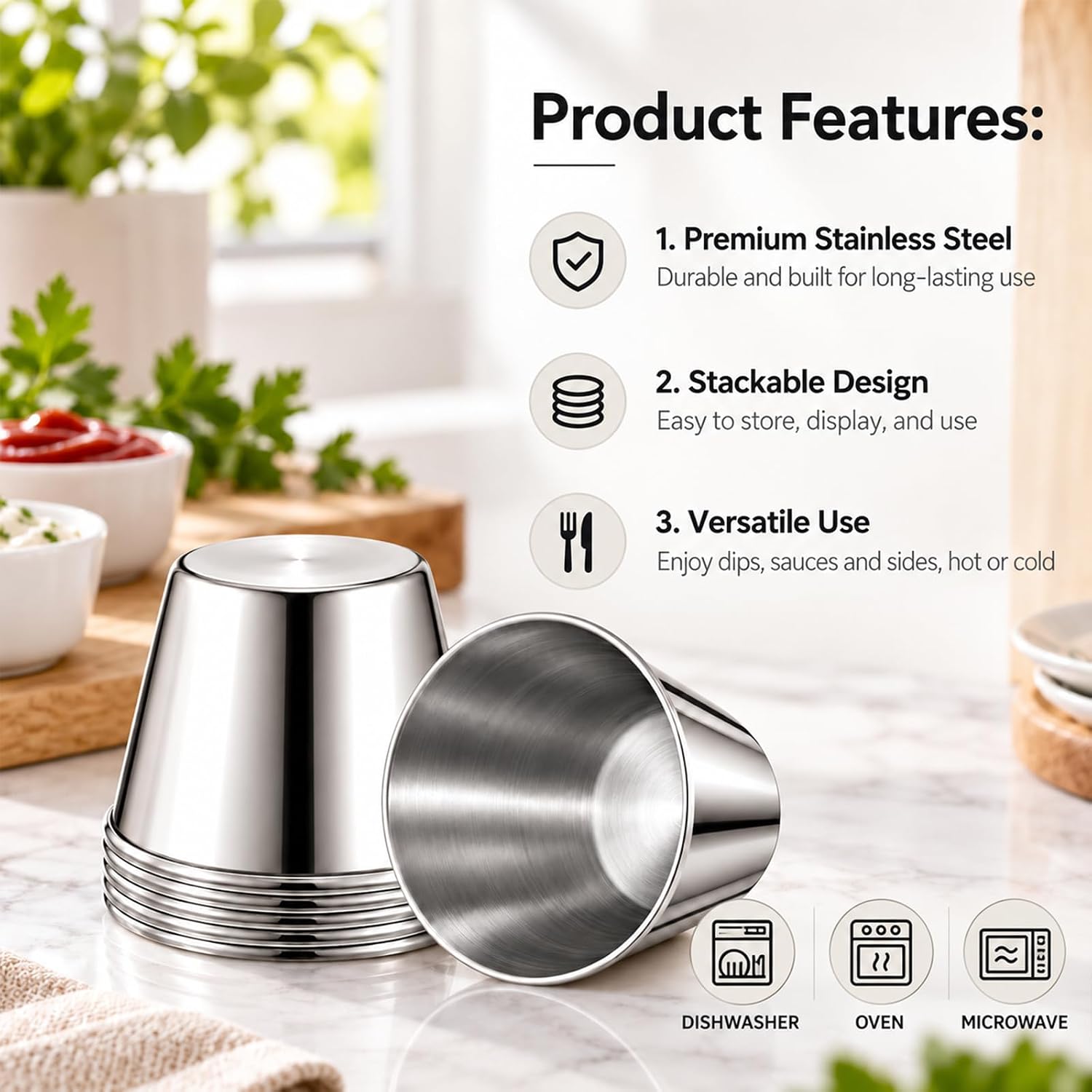 150 Pcs 2.5oz Metal Ramekins Stainless Steel Dipping Sauce Cups