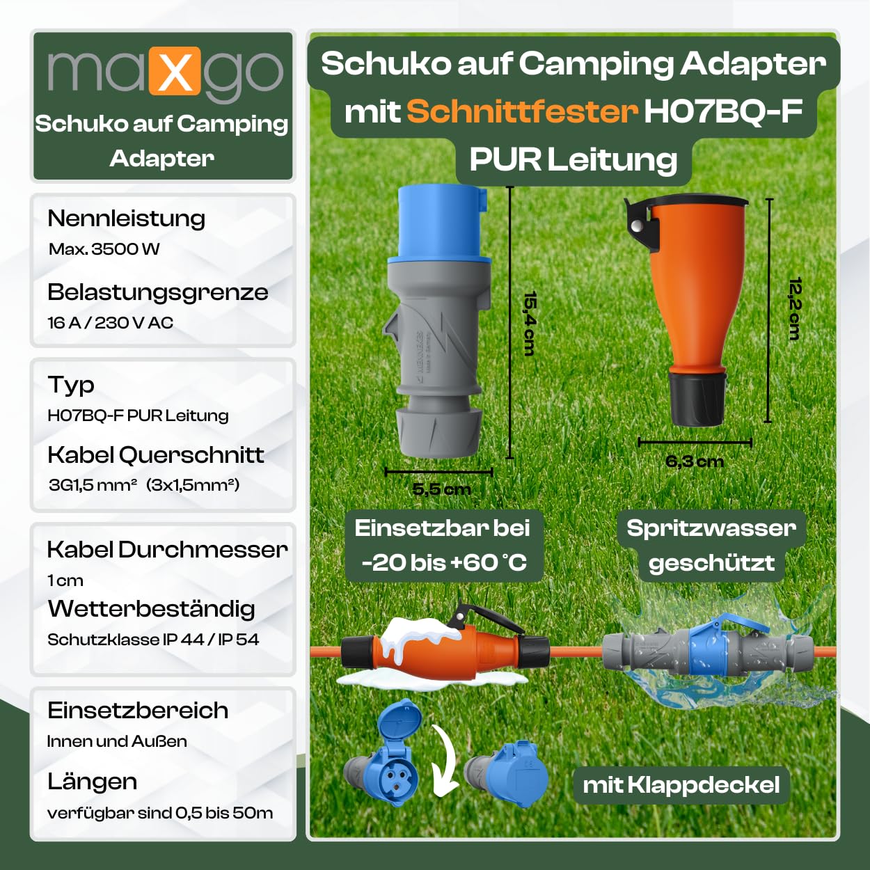 CEE auf Schuko Adapter 15m Camping Stromkabel H07BQ-F 3x1,5 Landstromkabel Wohnmobil Wohnwagen Kabel Camping Adapter 15 Meter Strom Verlängerungskabel CEE-Stecker Campingstecker