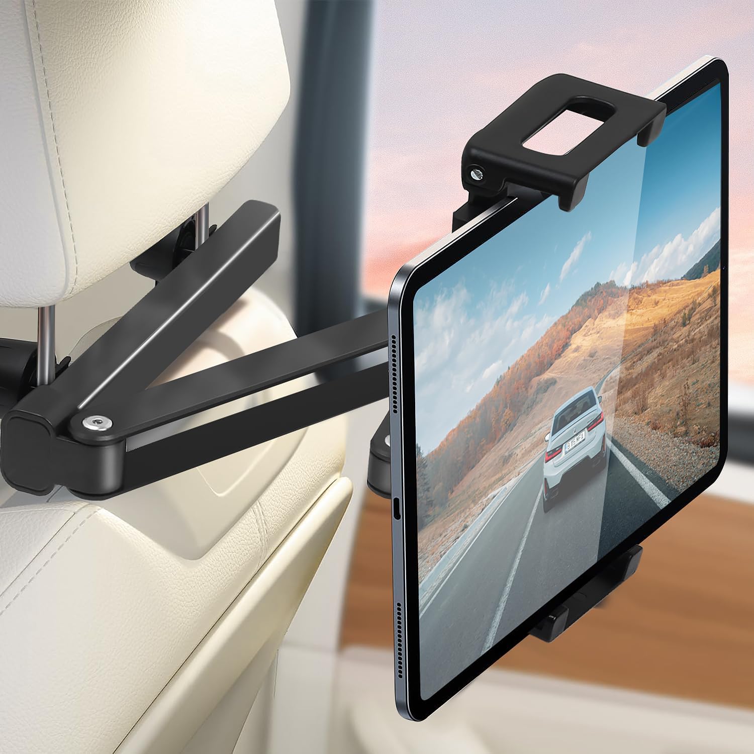 Car Headrest Tablet Holder - [Zinc Alloy Lockable Arm][Foldable Clip] Universal Car Tablet Mount Backseat, Car Accessories for Kids, for iPad Pro, Air, Mini, Galaxy, Fire HD, 4.7-13" Tablets