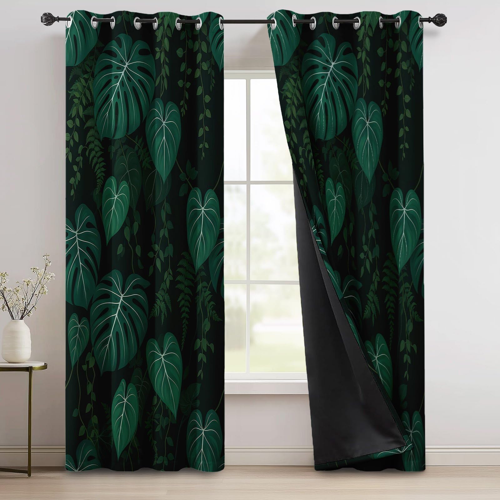 Cortinas opacas 100 % opacas, 260 x 140 cm (juego de 2 unidades), diseño tropical de la selva con ojales, cortinas térmicas para dormitorio o salón, color verde