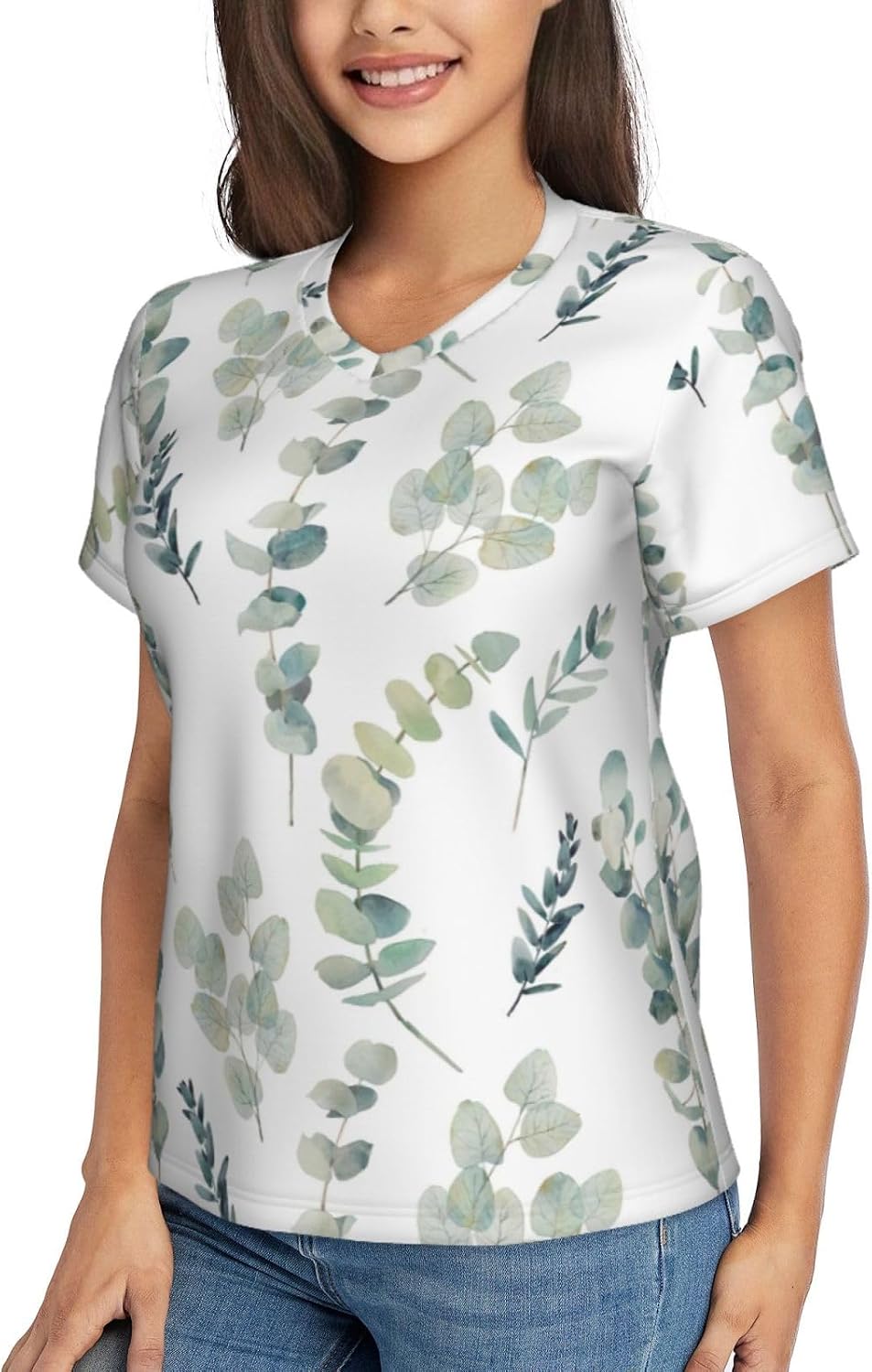 Women Casual White Natural Greenery Twig Print V-Neck T-Shirt Short Sleeve Summer Trendy Tops.