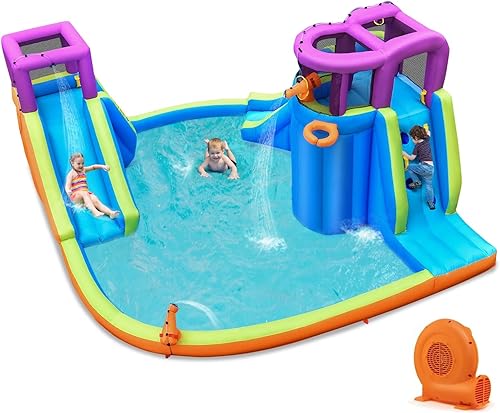 BOUNTECH Parque acuático inflable de 15 x 14.5 pies, Mega tobogán acuático para niños al aire libre con toboganes dobles y escalada para diversión