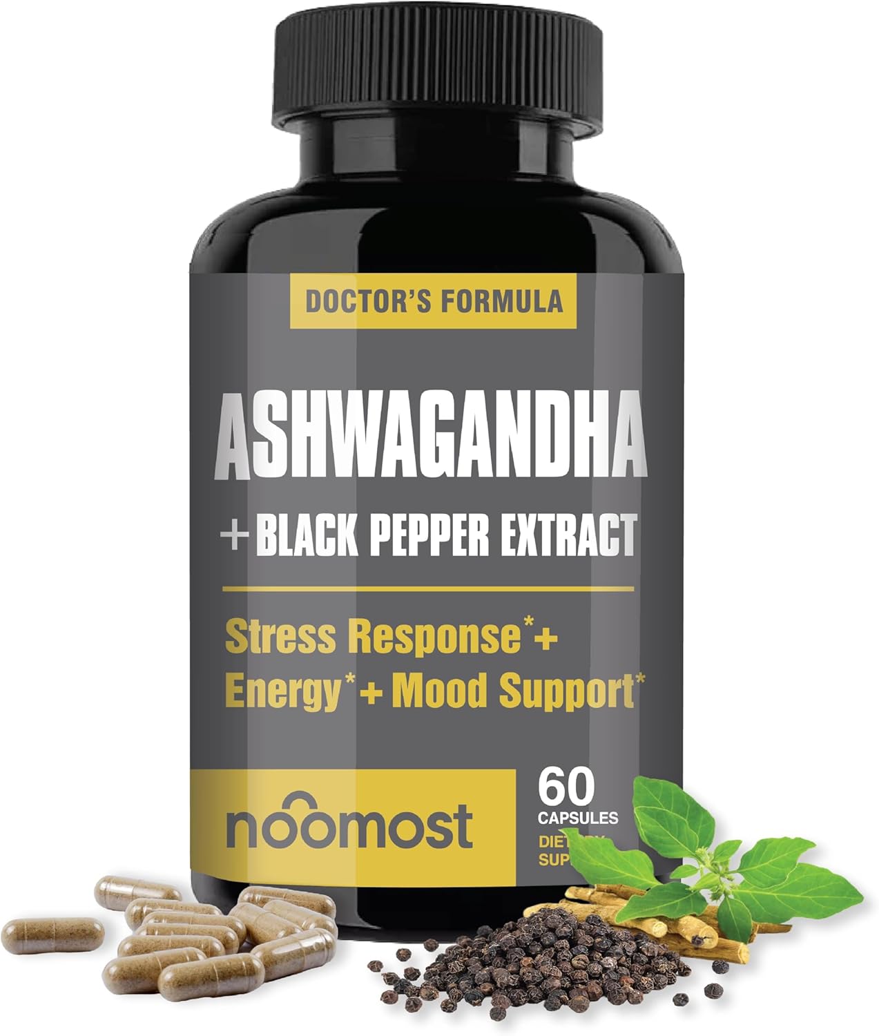 NooMost Organic Ashwagandha Capsules w/Black Pepper Extract as Vegan Ashwagandha Supplements for Anti Stress Relief, Natural Mood Support, Energy & Focus-60 Capsules