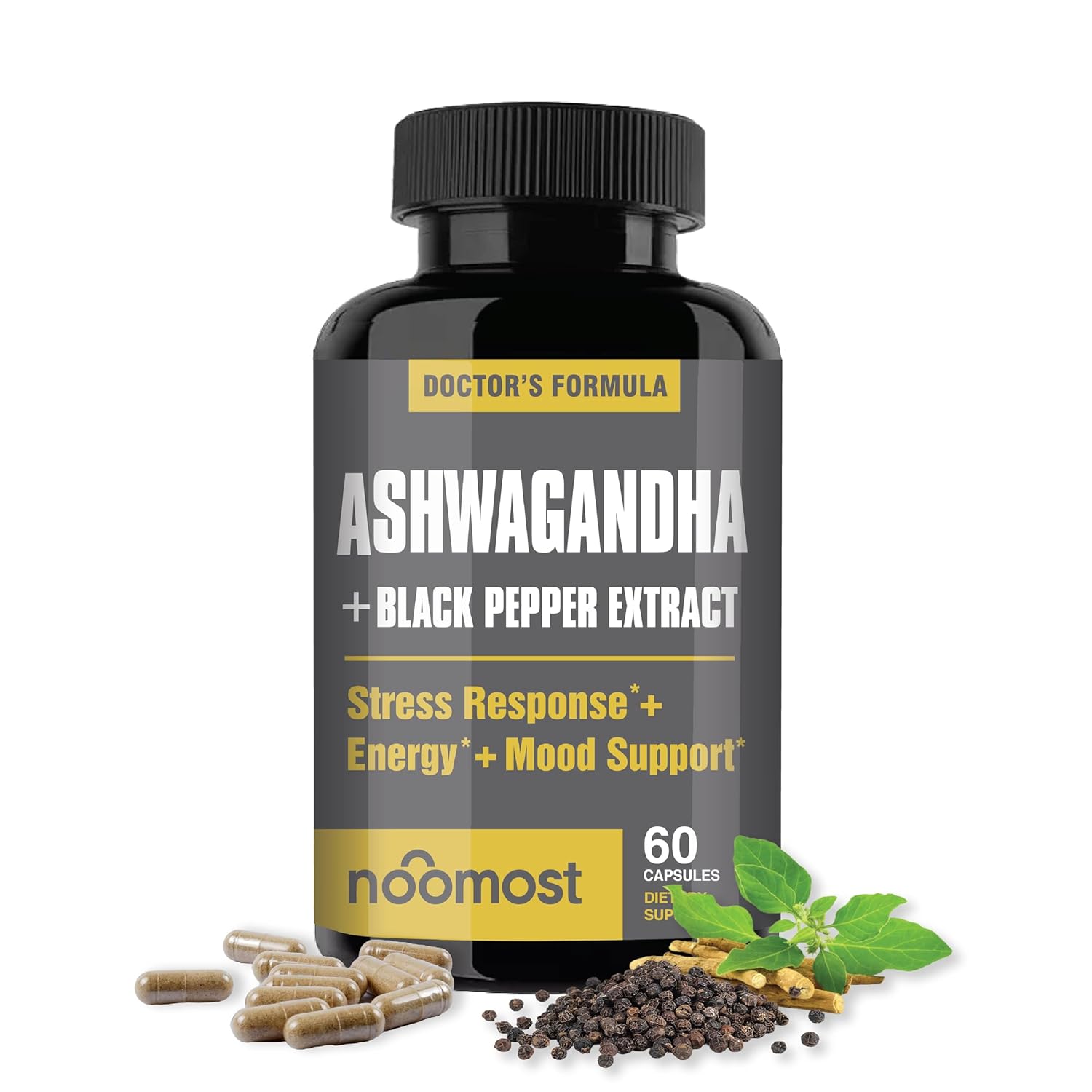 Cápsulas Orgânicas de Ashwagandha com Extrato de Pimenta Preta - Suplementos Veganos para Alívio do Estresse, Apoio ao Humor e Foco - 60 Cápsulas