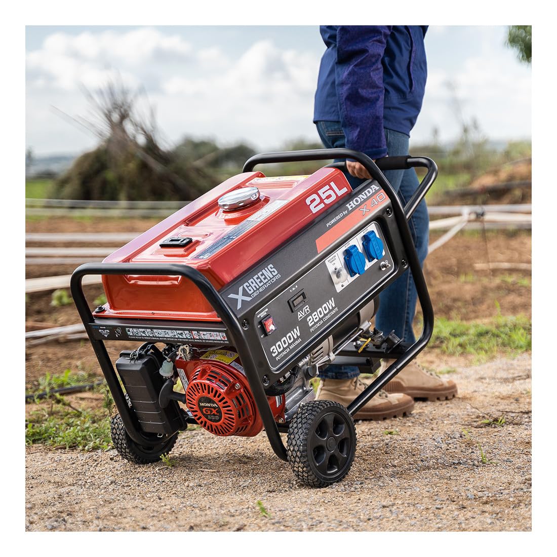 Generador de corriente (gasolina) X40 (máx. 3.000W, depósito 25 l, AVR, Powered by Honda, ruedas, alerta aceite, monofásico, 2 tomas 230V, protección térmica y panel digital)