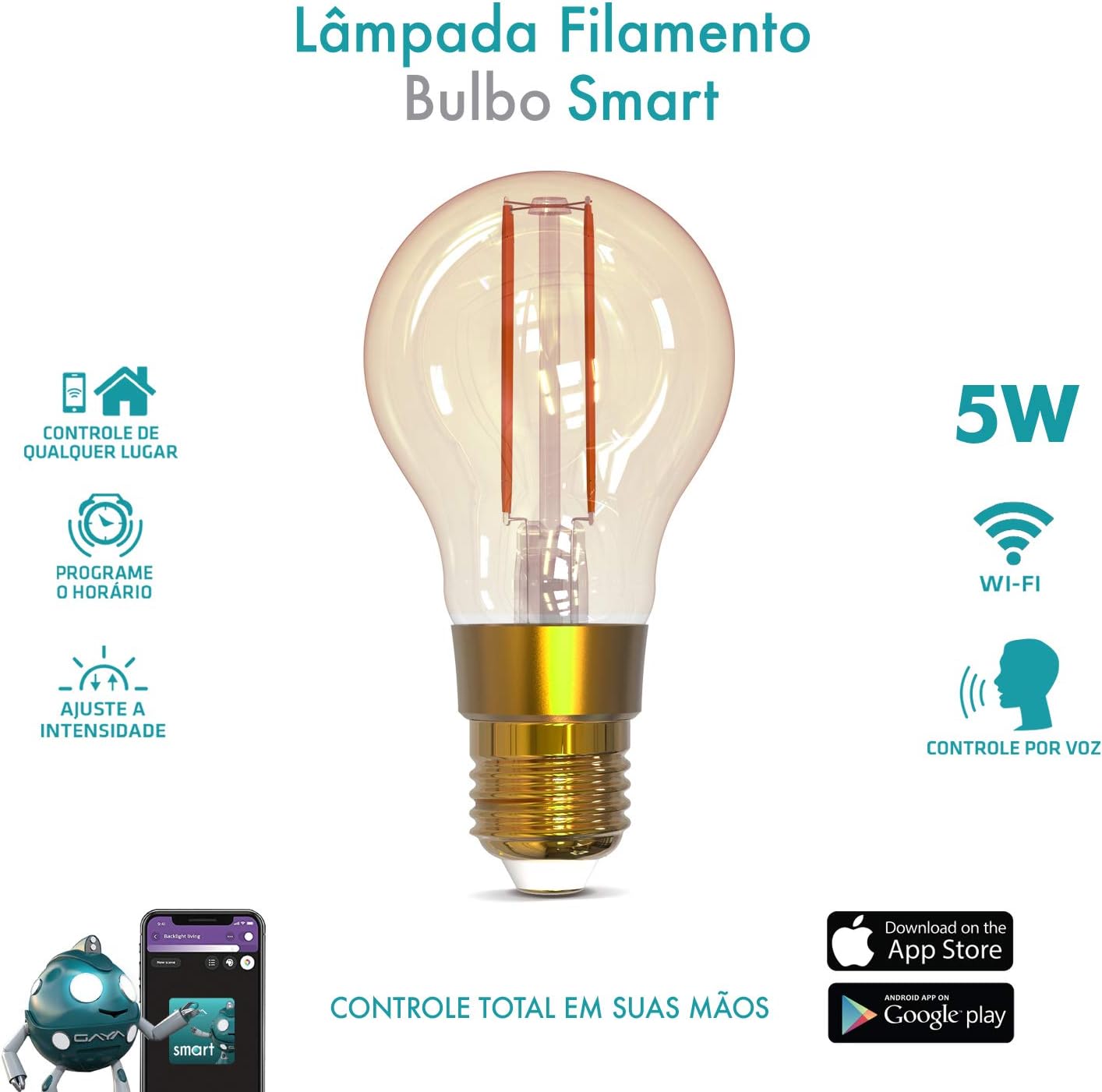 Smart Lâmpada de Filamento Bulbo Dimerizável, Compatível com Alexa, Marca Gaya.